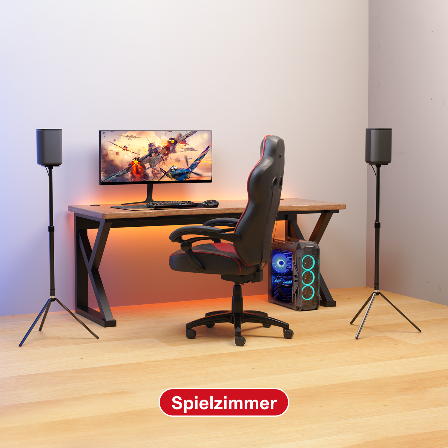Gaming-Setup mit Schreibtisch, Stuhl, Monitor mit Kriegsszene, Lautsprechern und PC-Gehäuse. Der Raum ist hell.