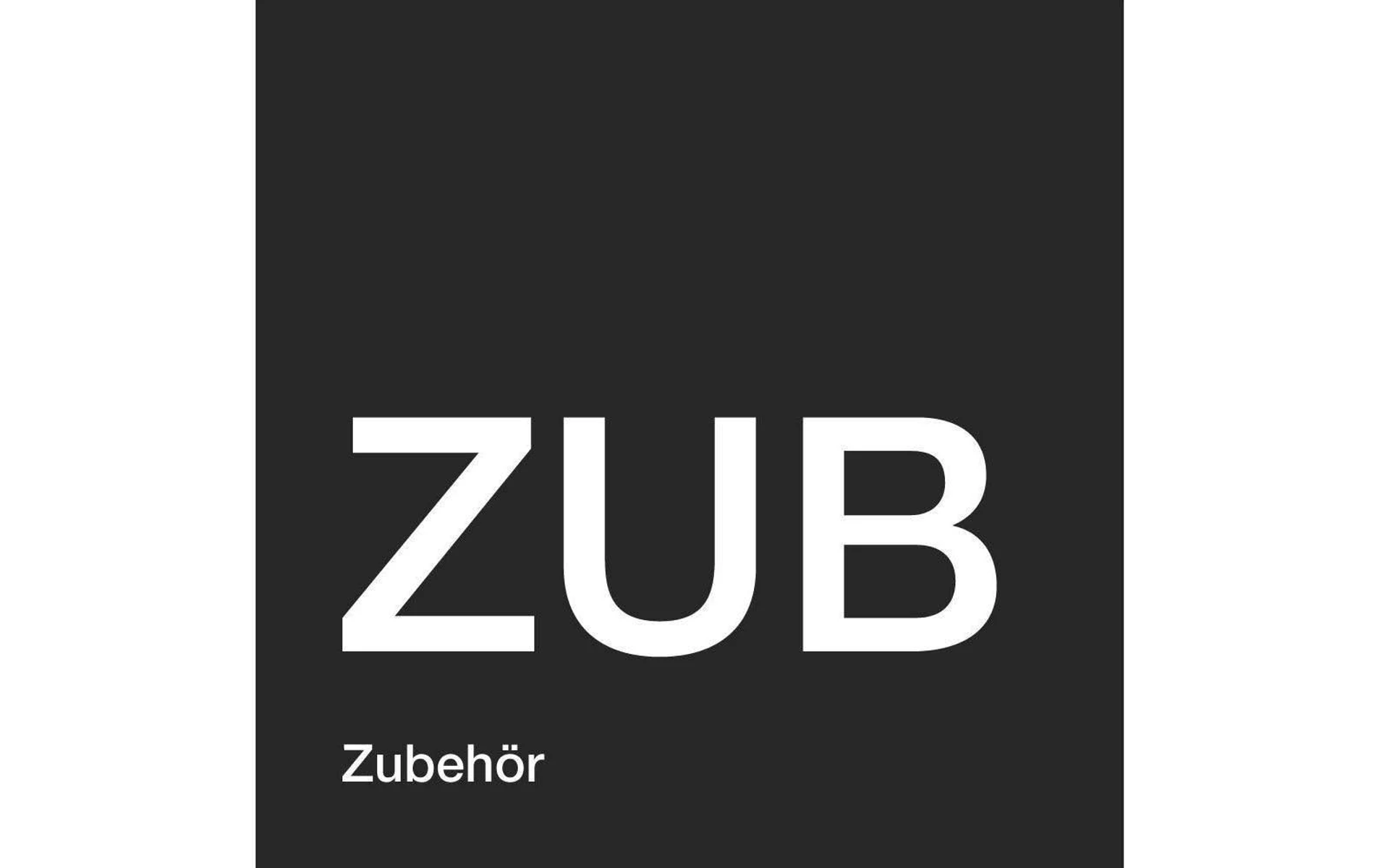 Das Bild zeigt das Wort ZUB in Weiß, mit 'Zubehör' darunter, vor dunklem Hintergrund, in einer modernen Schriftart.