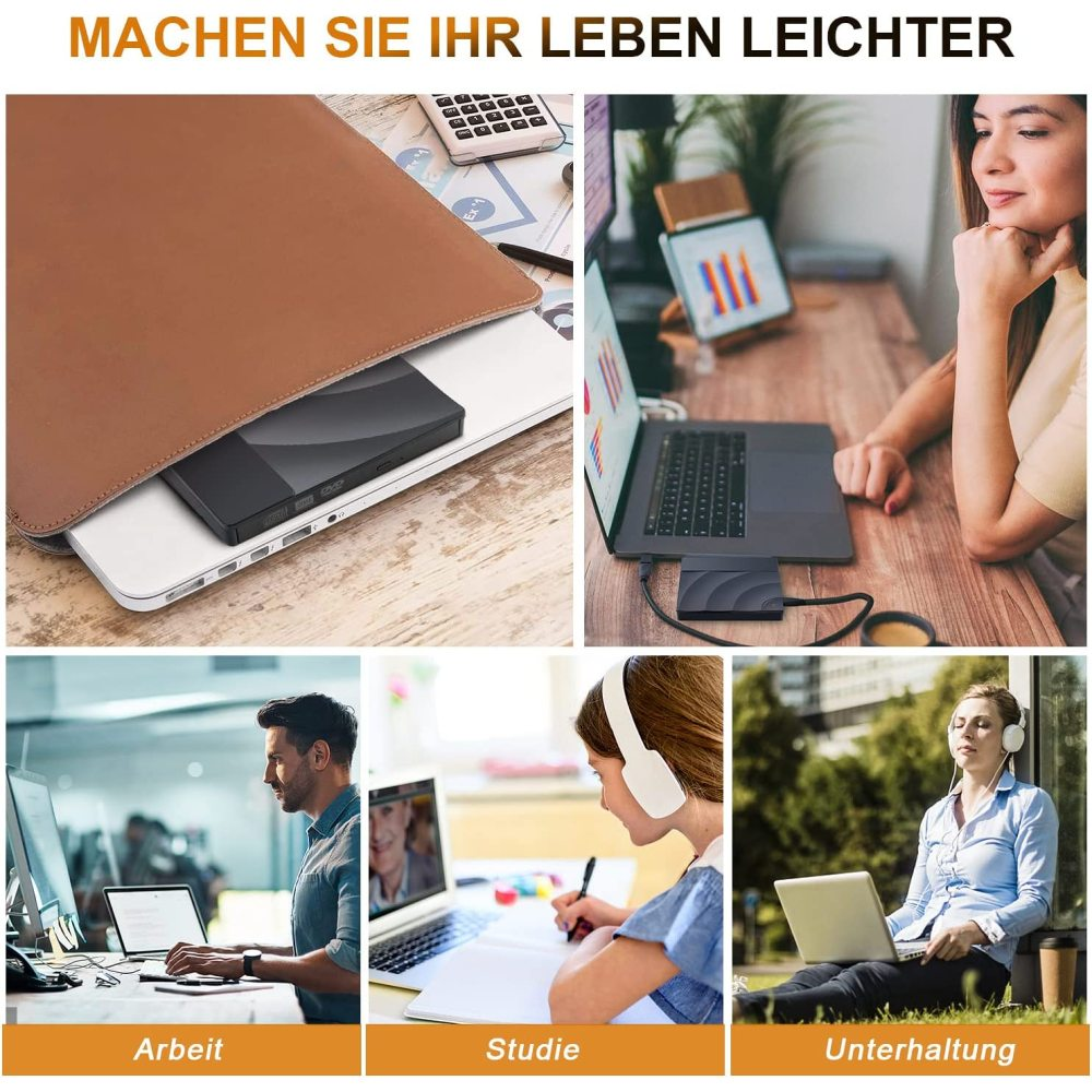 Das Bild zeigt Personen, die Laptops und Geräte in verschiedenen Umgebungen nutzen. Text unten lautet: Arbeit, Studie, Unterhaltung.
