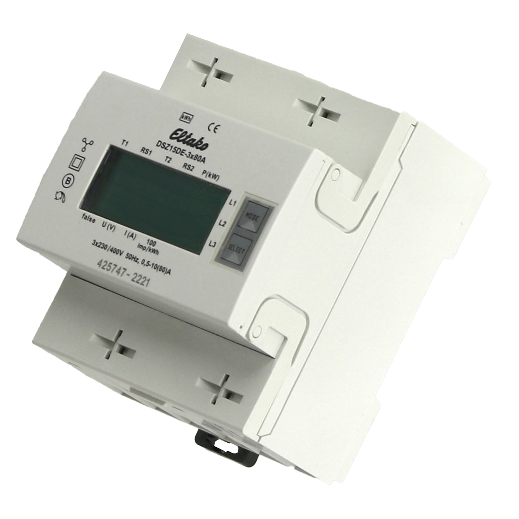 Ein weißer Eltako DSZ15DE-3x80A Energiezähler. Er zeigt Werte auf einem grünen Bildschirm an und hat Tasten.