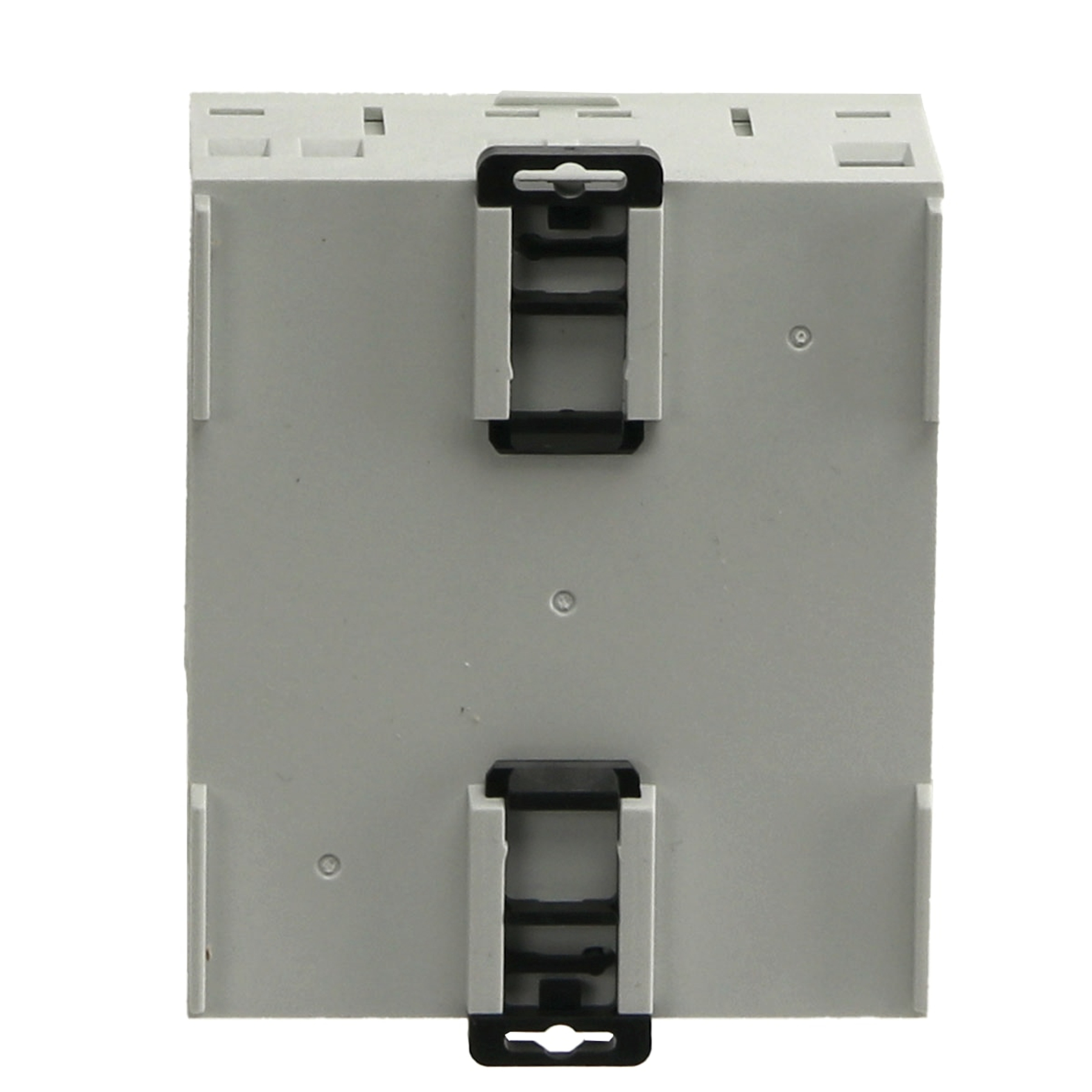 Graue elektrische Komponente mit schwarzen Clips. Sie hat eine rechteckige Form und wird von vorne betrachtet.