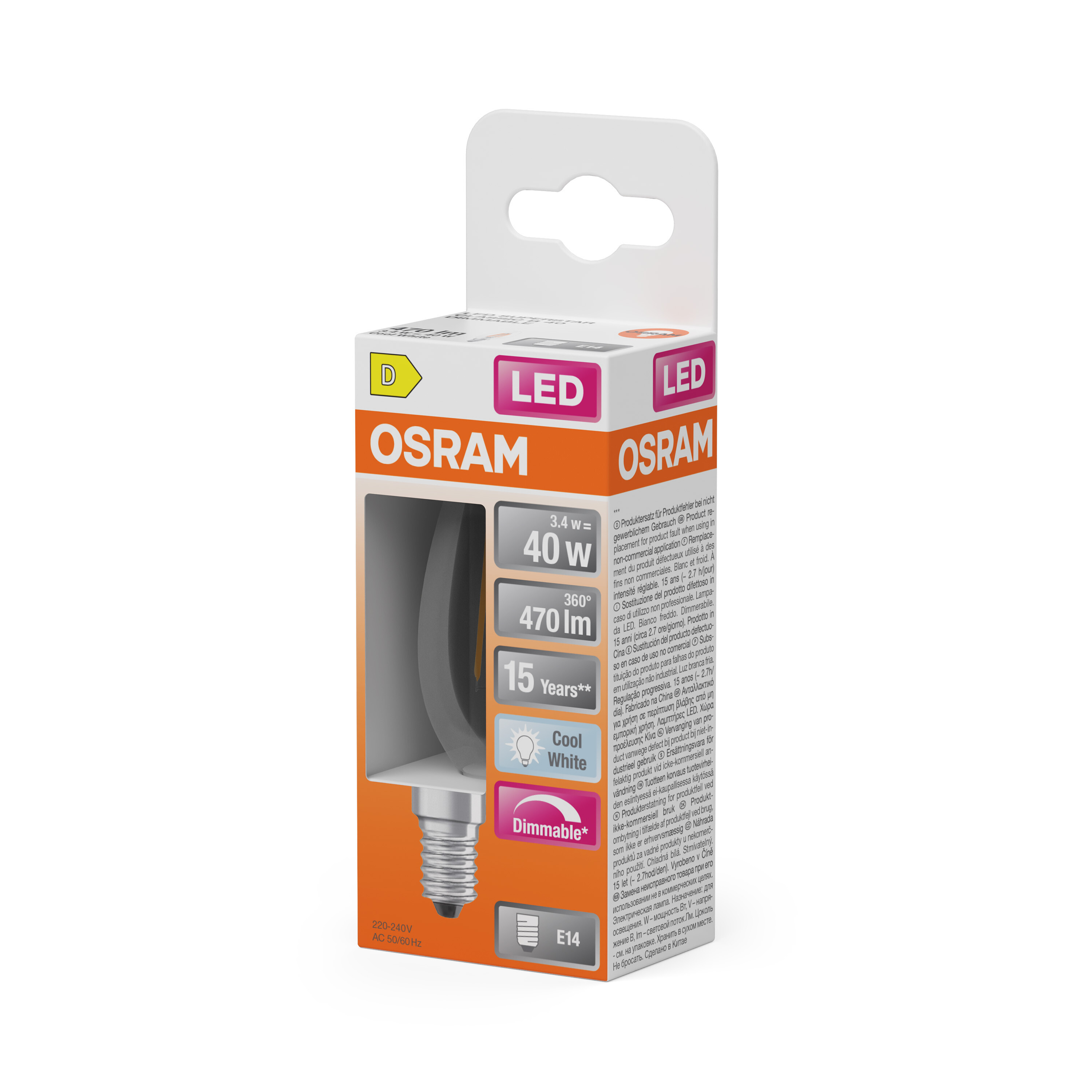 LED-Glühbirnenverpackung. Weiße und orangefarbene Box mit Osram und Produktdetails. E14-Sockel, 40W, Cool White.