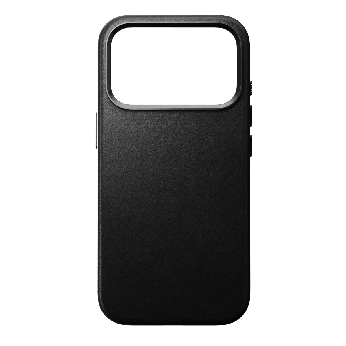 Una custodia nera per telefono con un ritaglio per la fotocamera. Ha pulsanti laterali e una superficie strutturata.