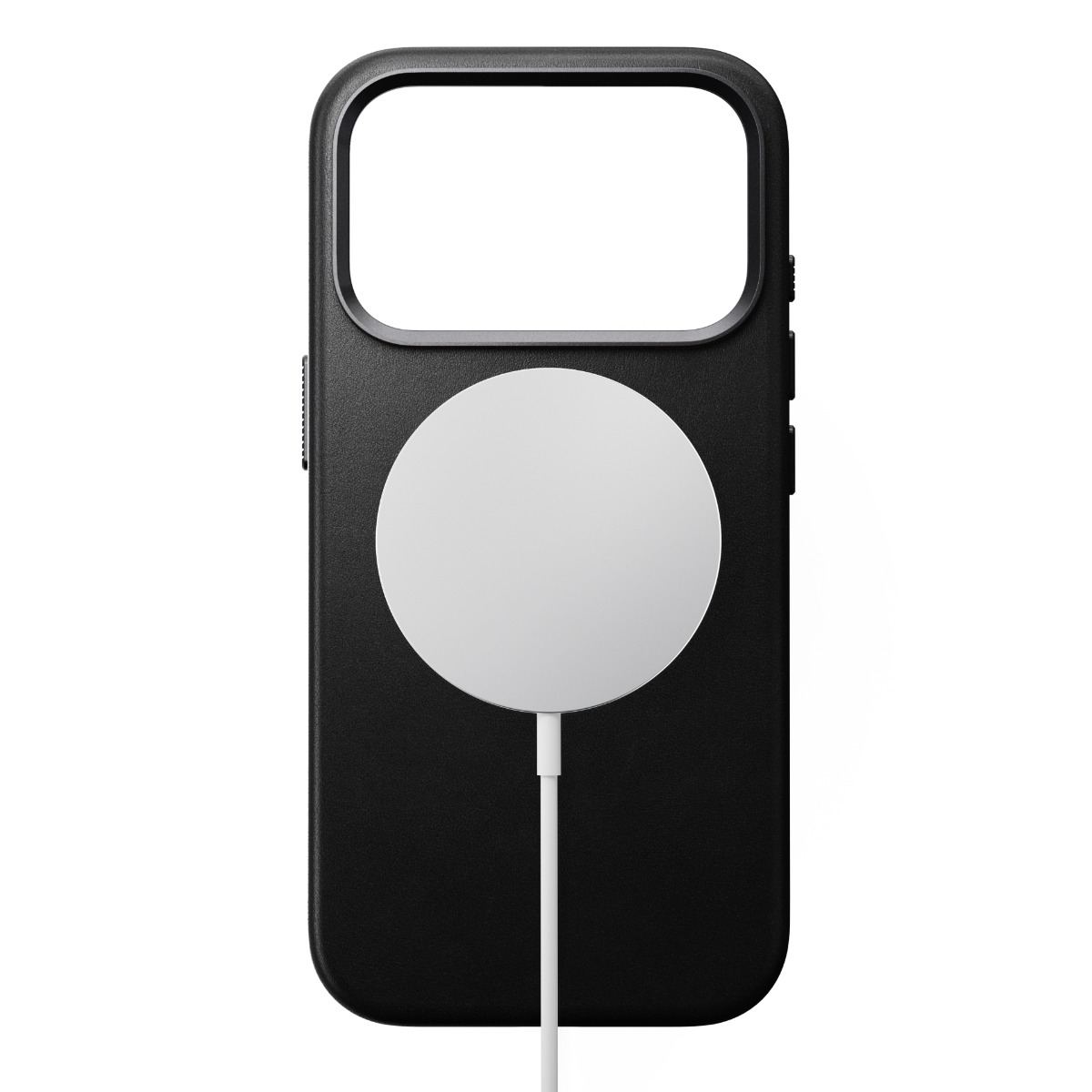 Custodia nera per telefono con caricatore circolare bianco collegato tramite cavo bianco, su sfondo bianco.
