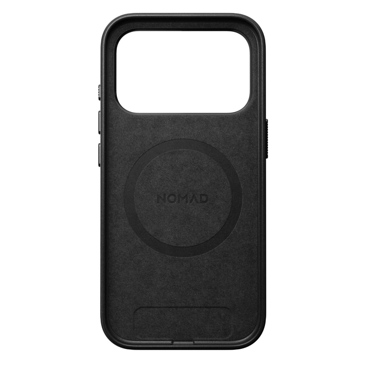 Custodia nera per telefono con dettaglio circolare e la parola "NOMAD". Ha un ritaglio rettangolare per la fotocamera.