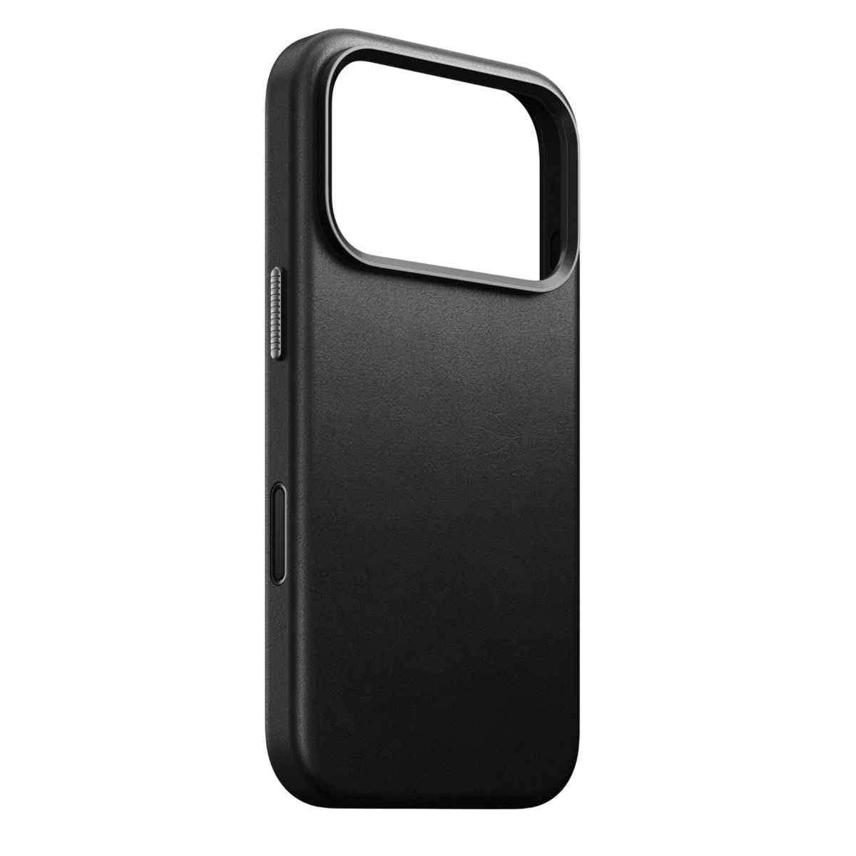 Una custodia nera per telefono con un ritaglio per la fotocamera. Ha una trama liscia con un pulsante e controlli del volume laterali.