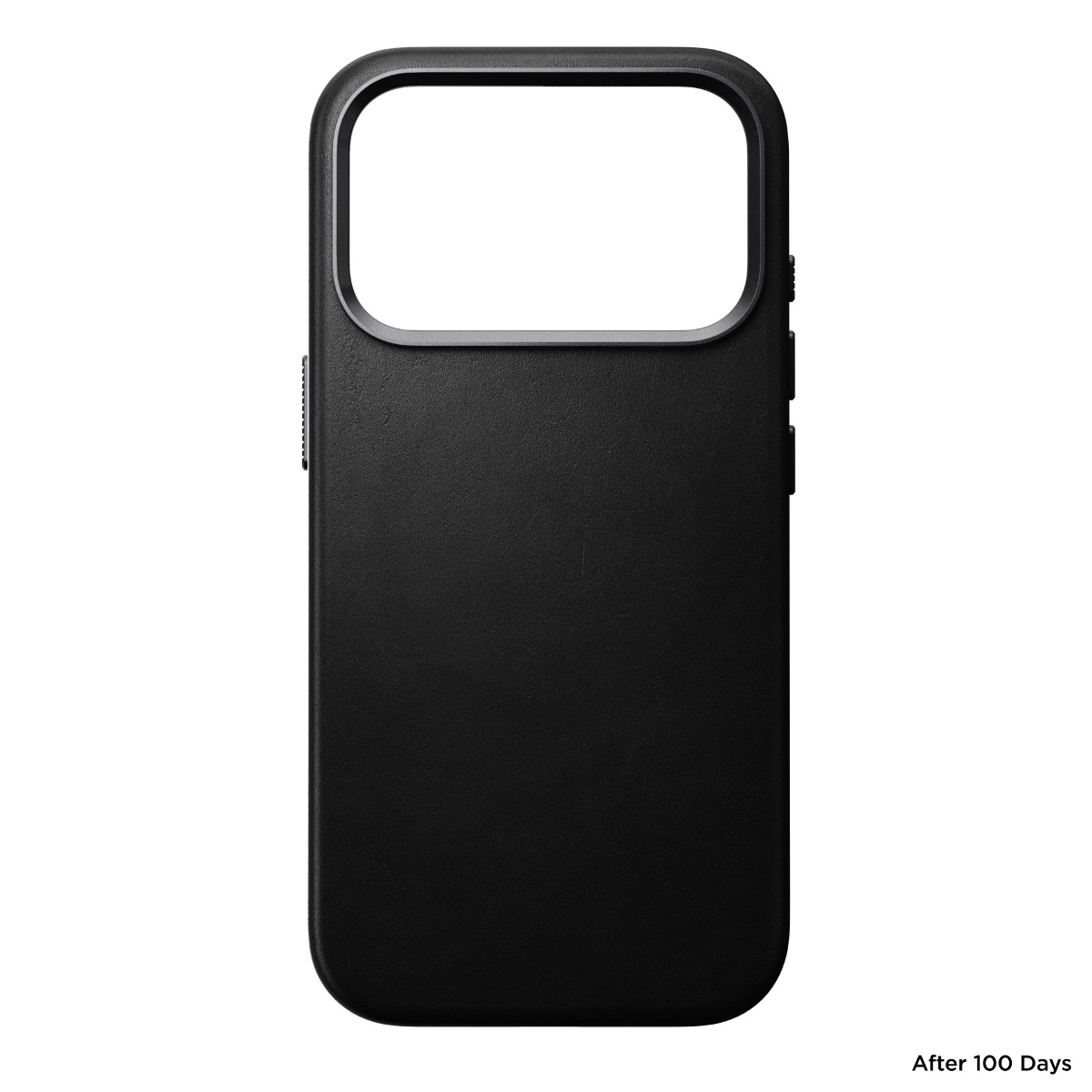 Una custodia nera per telefono con ritaglio per fotocamera. Ha bordi arrotondati e finitura opaca. Lo sfondo è bianco.