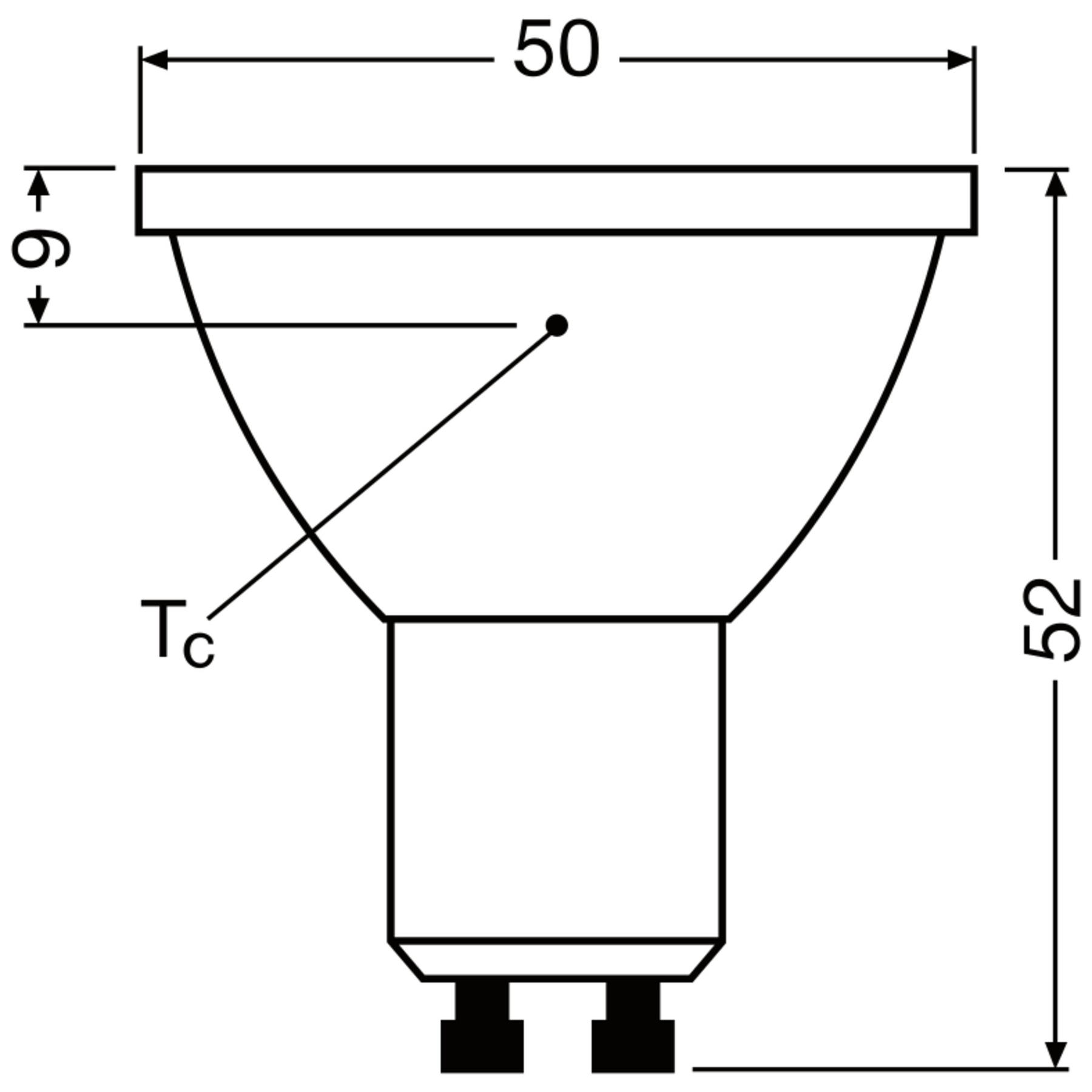 Diagramma di una lampadina. Sono indicate le dimensioni: 50 mm, 9 mm e 52 mm. Etichettato con 'Tc'.