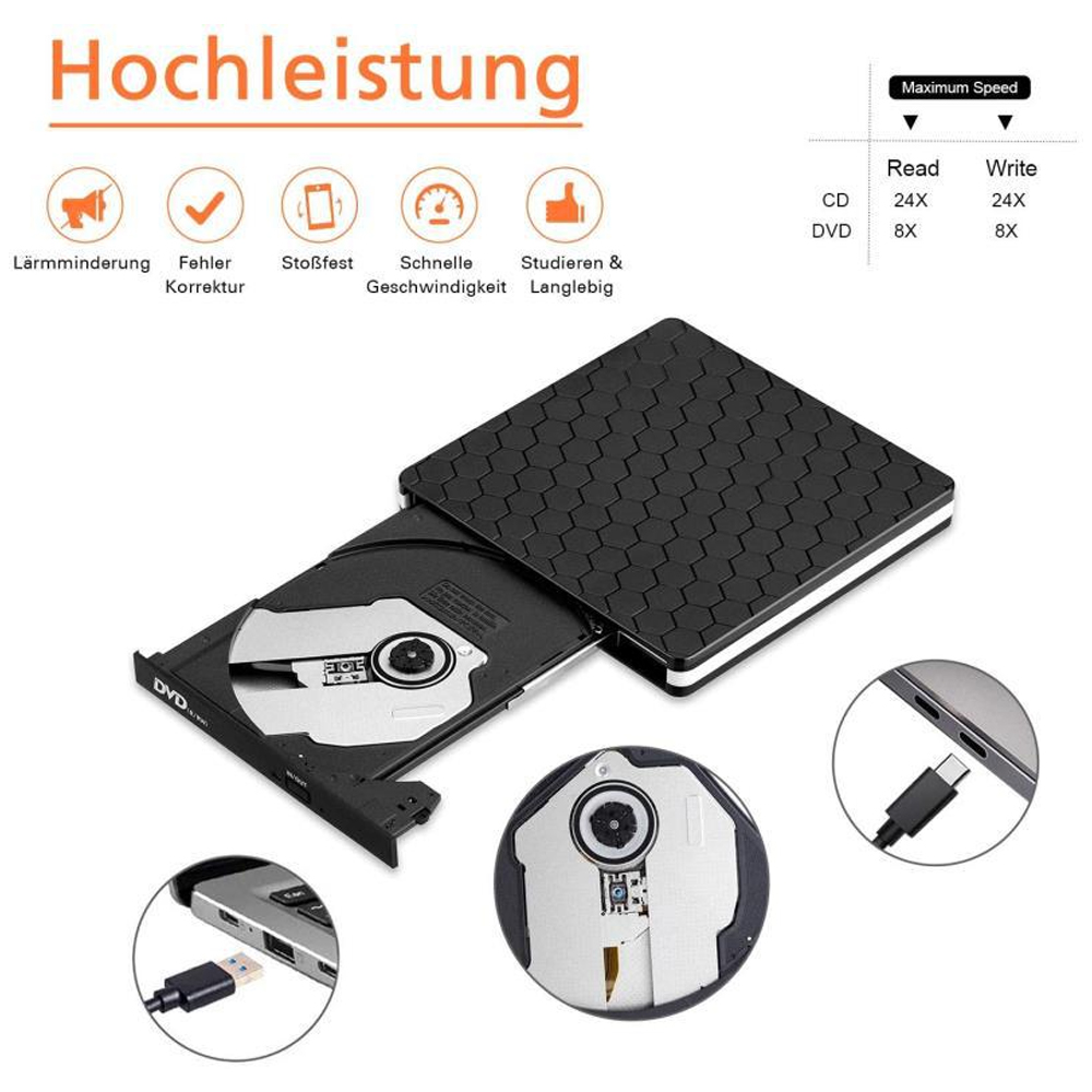 Externes DVD-Laufwerk, geöffnet mit eingelegter Disc. Enthält USB-Kabel und Geschwindigkeitsdetails. Text auf Deutsch: Hochleistung.