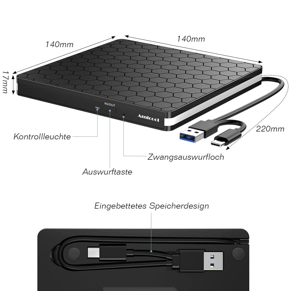 Eine schwarze externe Festplatte mit sechseckigem Muster. Abmessungen sind angegeben. Ein USB-Kabel ist angeschlossen. Text auf Deutsch.