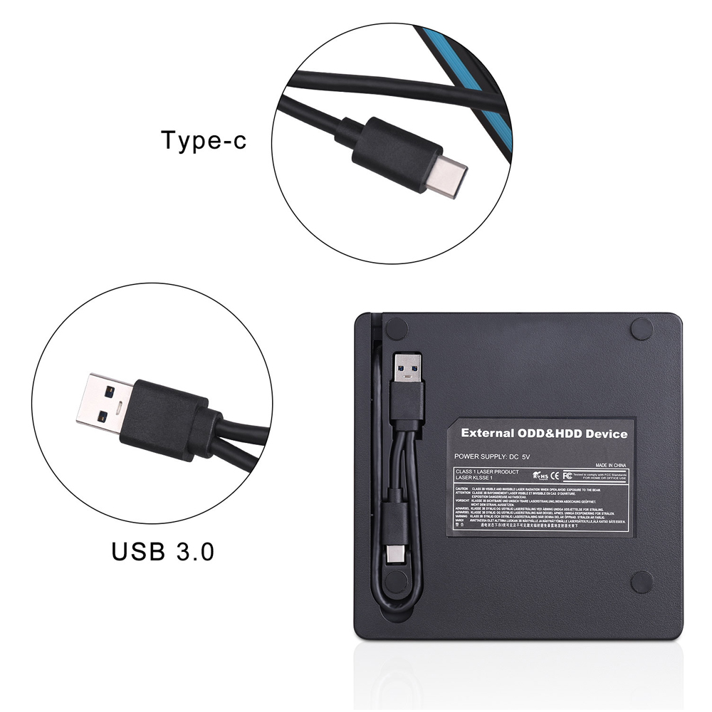 Das Bild zeigt ein externes ODD & HDD-Gerät mit USB 3.0- und Typ-C-Kabeln. Textetiketten identifizieren die Anschlüsse.