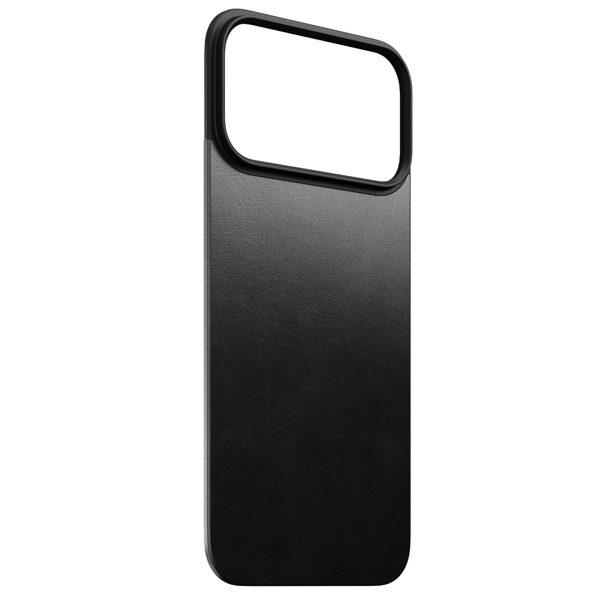 Una custodia nera per telefono con ritaglio per fotocamera. Ha una superficie strutturata e un telaio liscio e arrotondato.