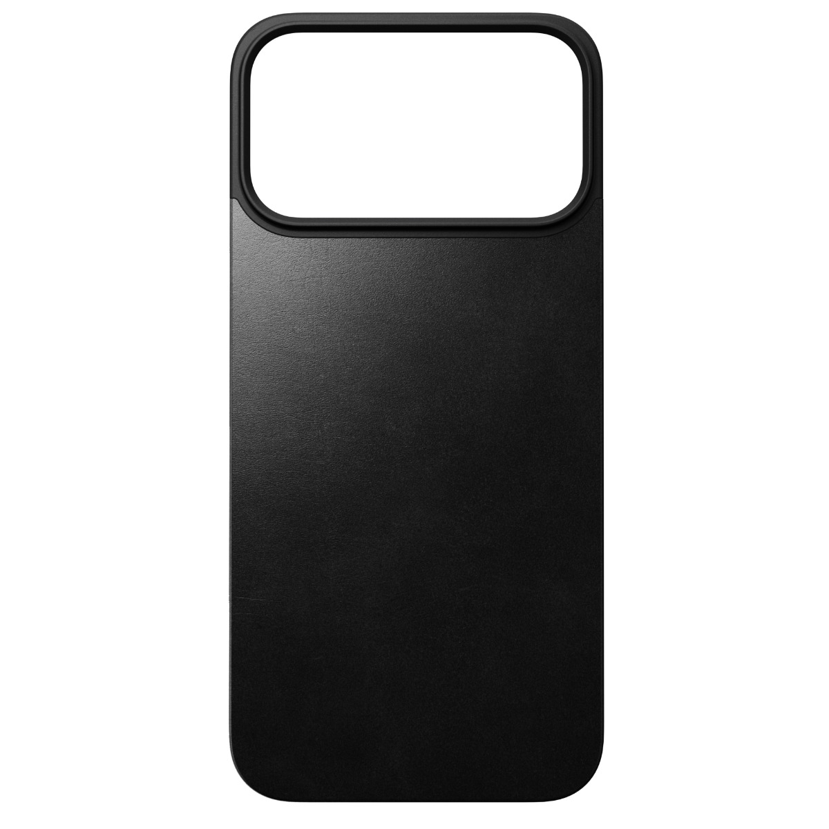Una custodia nera per telefono con ritaglio per fotocamera. La custodia è rettangolare con angoli arrotondati e superficie strutturata.