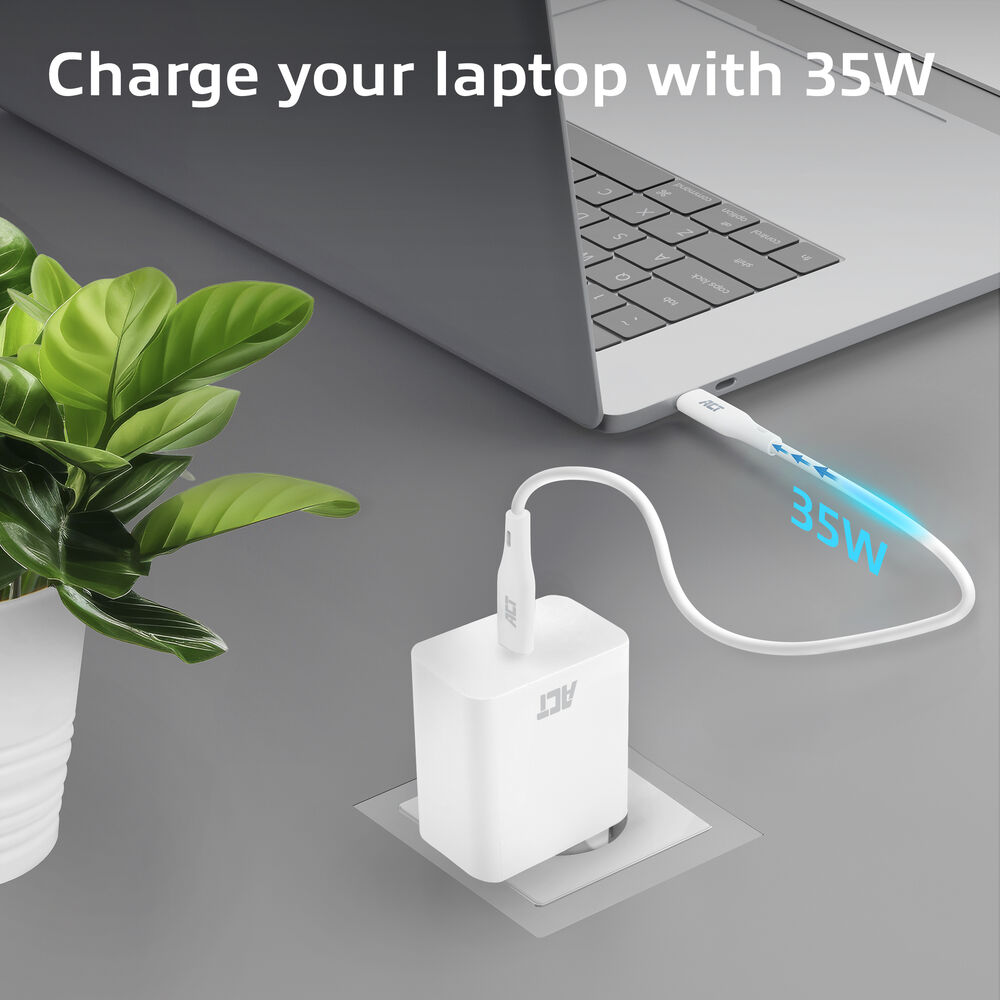 Chargement d'ordinateur portable avec chargeur 35W. Câble blanc connecté à l'ordinateur portable et adaptateur secteur blanc. Plante verte en pot blanc.
