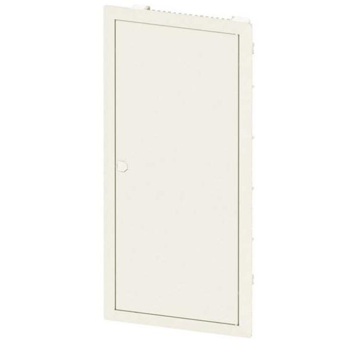 Un pannello di accesso rettangolare bianco sporco. Ha una piccola maniglia rotonda e un telaio sottile. Lo sfondo è bianco.