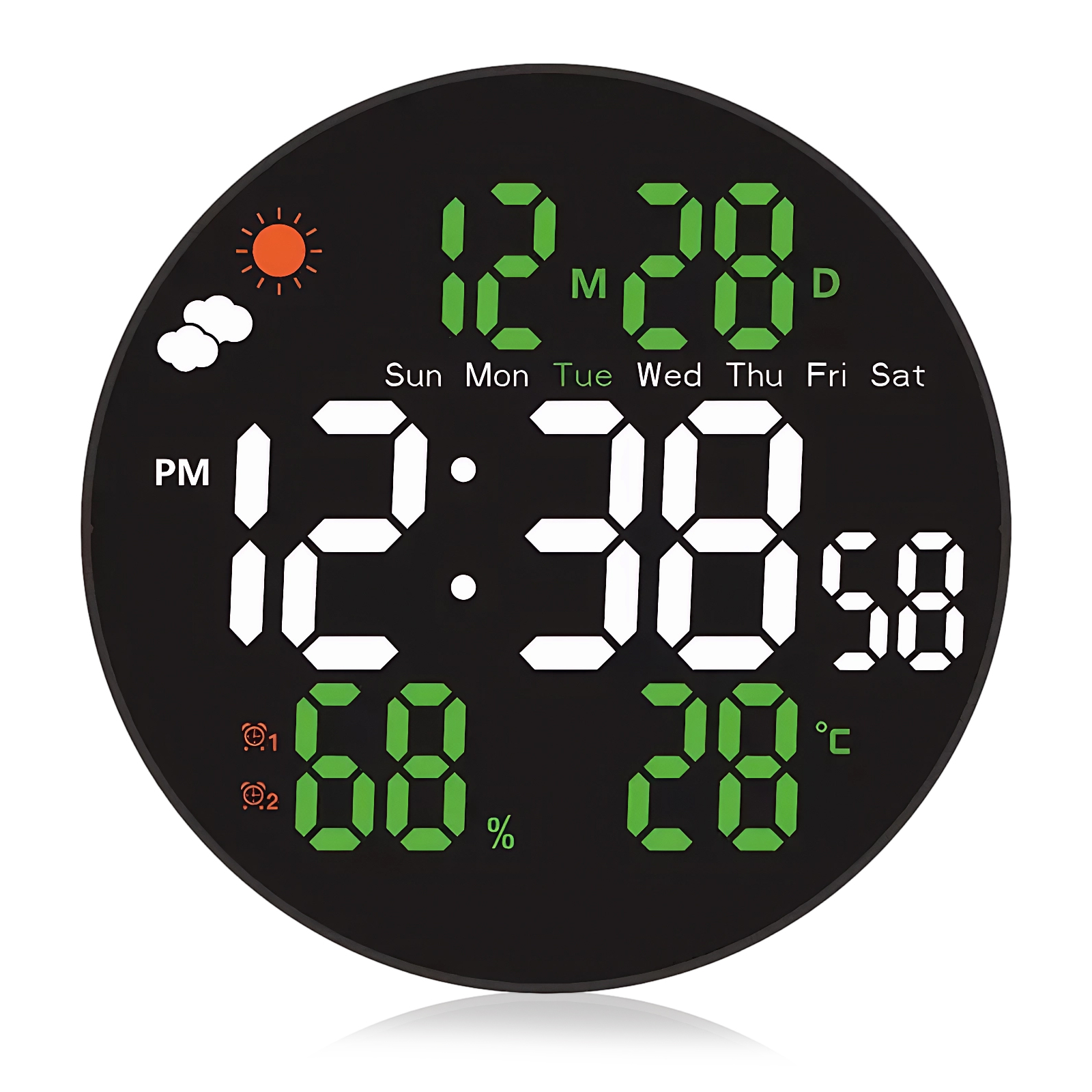 Un orologio digitale mostra ora, data e icone meteo. Il display mostra l'ora 12:38 PM, con temperatura e umidità.
