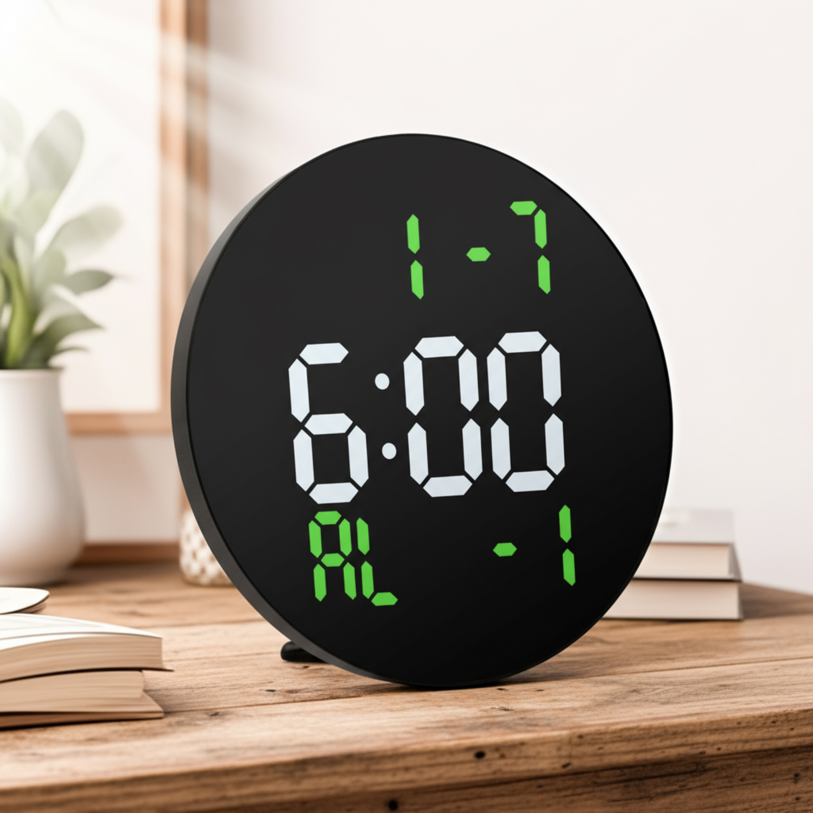 Un orologio digitale nero rotondo mostra le 6:00 e le impostazioni dell'allarme. È su una superficie di legno con un libro e una pianta sullo sfondo.