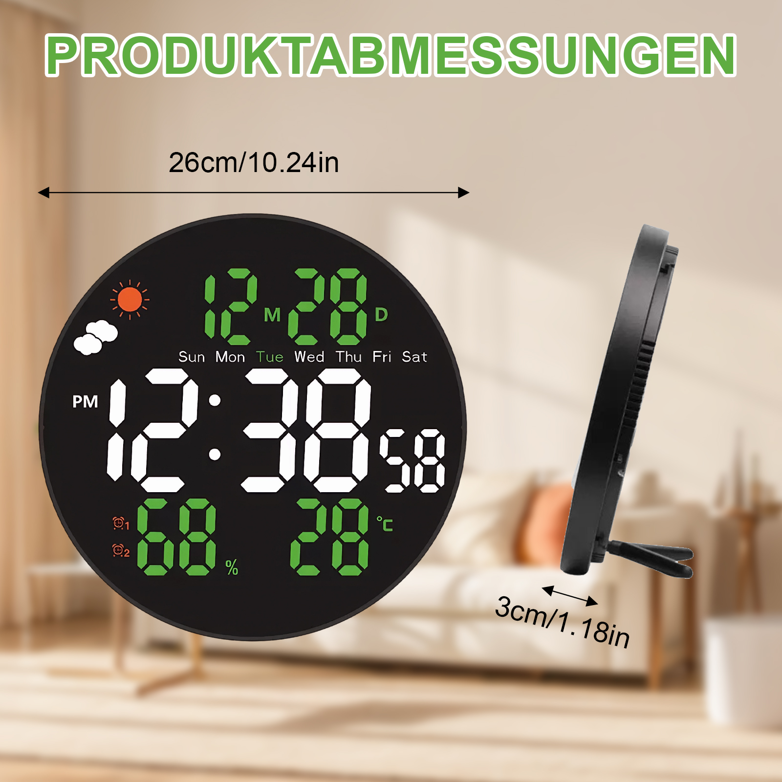 Un orologio digitale che mostra l'ora, la data, l'umidità e la temperatura. L'orologio è nero con cifre verdi e bianche.