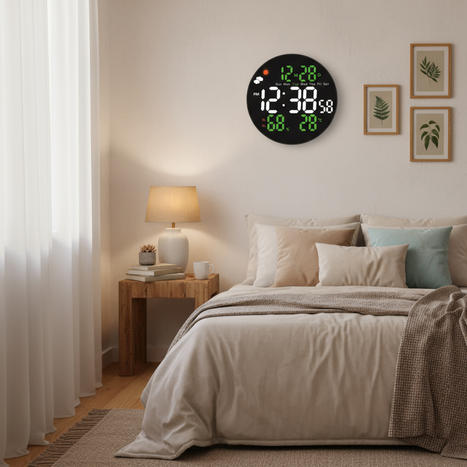 Camera da letto con letto, lampada, orologio e opere d'arte. Toni neutri, tessuti morbidi e luce naturale creano atmosfera accogliente.
