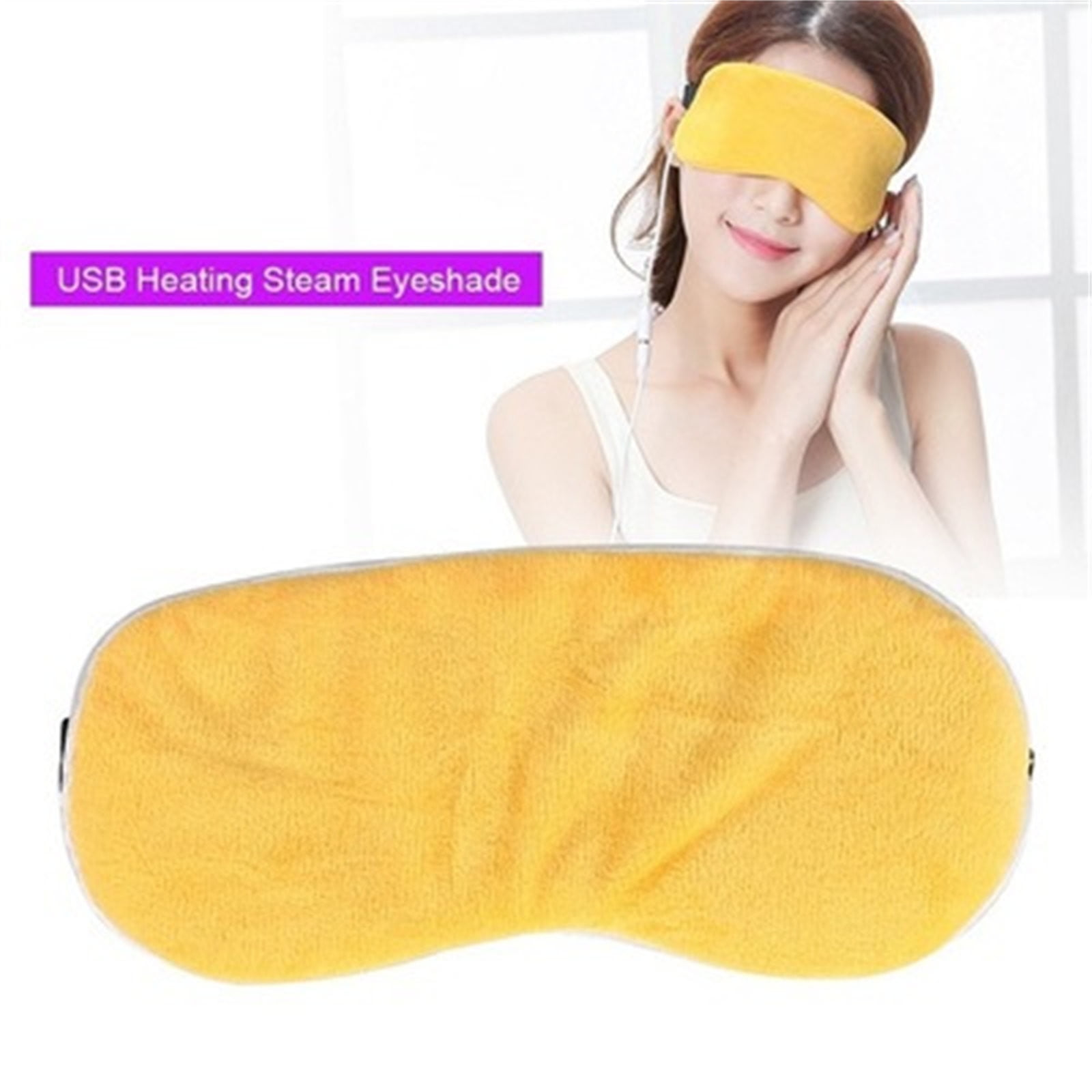 Eine Frau mit gelber Augenmaske, USB-Heizdampf-Augenmaske. Produkt im Vordergrund, Frau im Hintergrund, weißer Hintergrund.