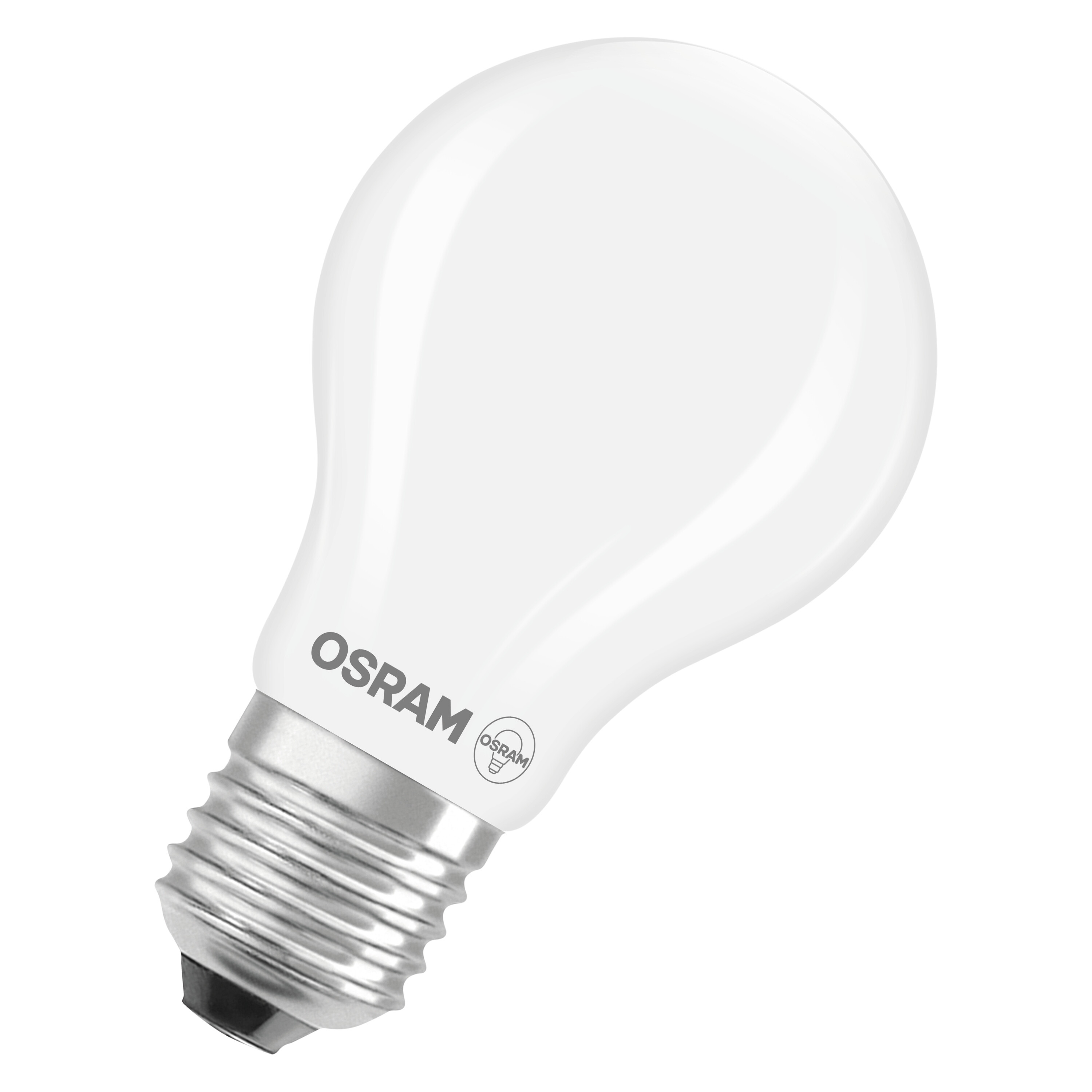 Una lampadina LED OSRAM bianca. Ha una base metallica e un vetro opaco a forma di pera.