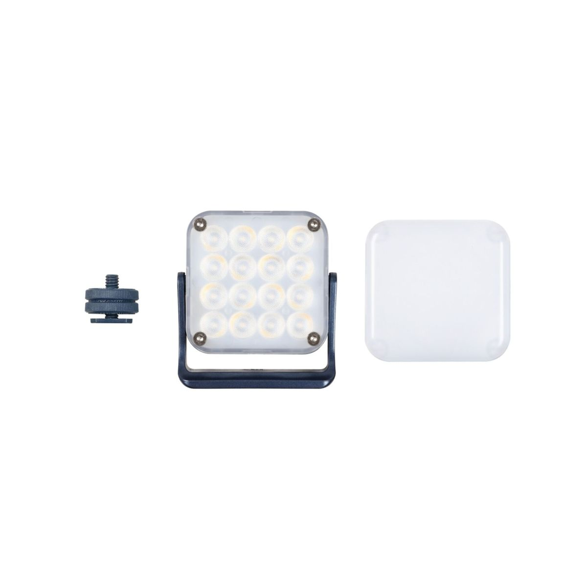 Une lumière LED carrée avec 16 ampoules, une vis de montage et un diffuseur blanc. La lumière a un cadre noir.