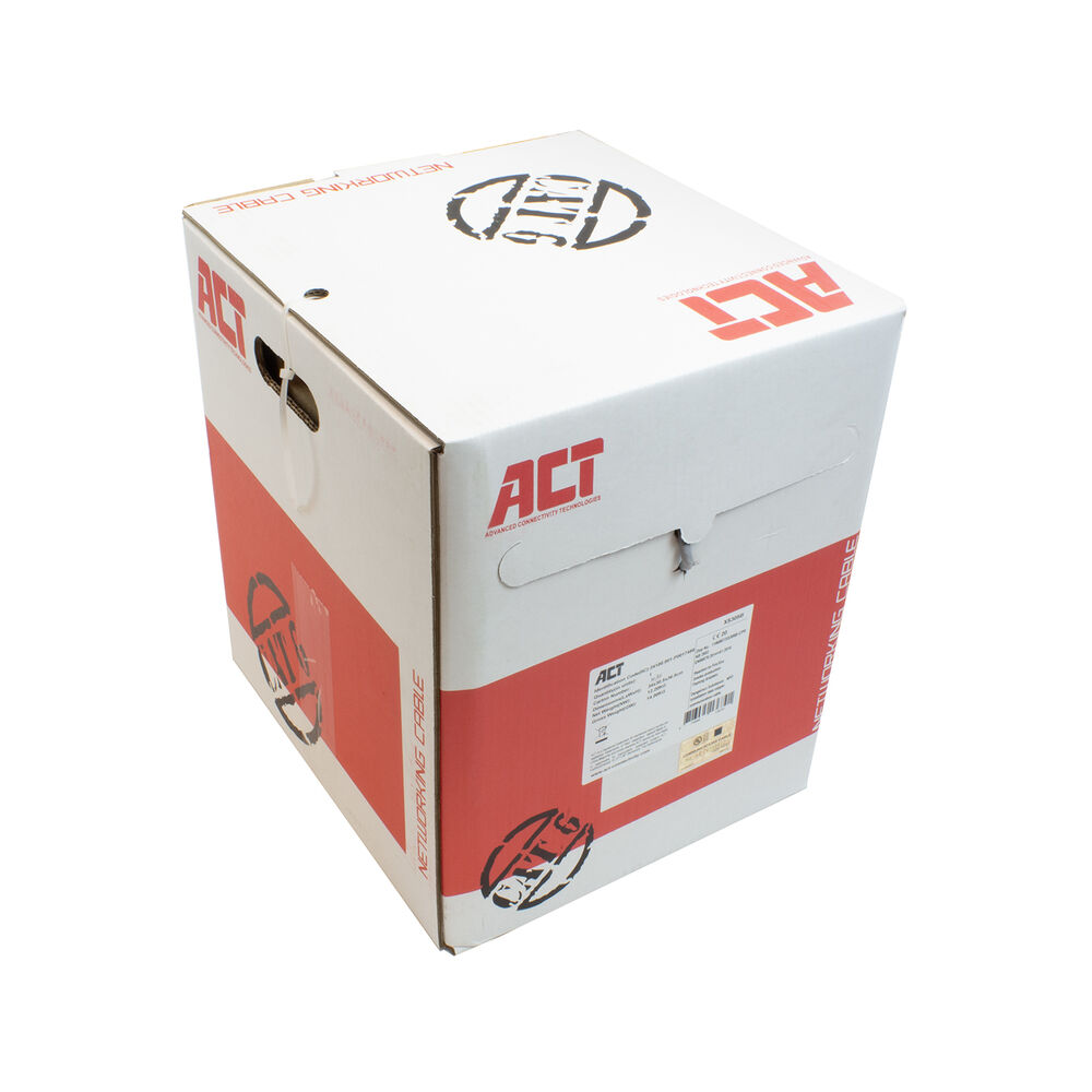Une boîte de câble réseau ACT blanche et rouge. La boîte porte le logo ACT et les mots 'NETWORKING CABLE' imprimés.