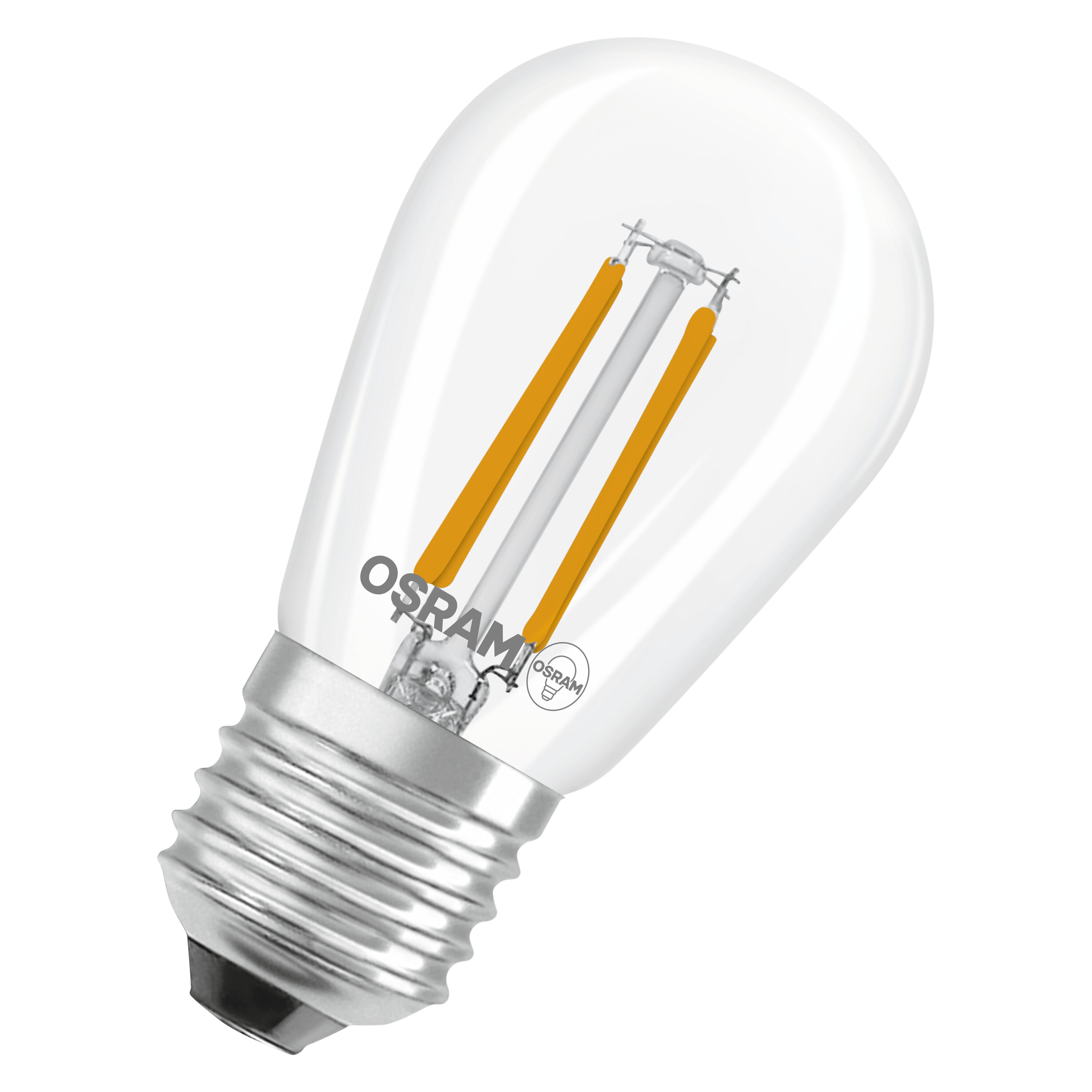 Eine klare, ovale LED-Glühbirne mit gelben Filamenten und einem silbernen Sockel. Der Markenname OSRAM ist sichtbar.