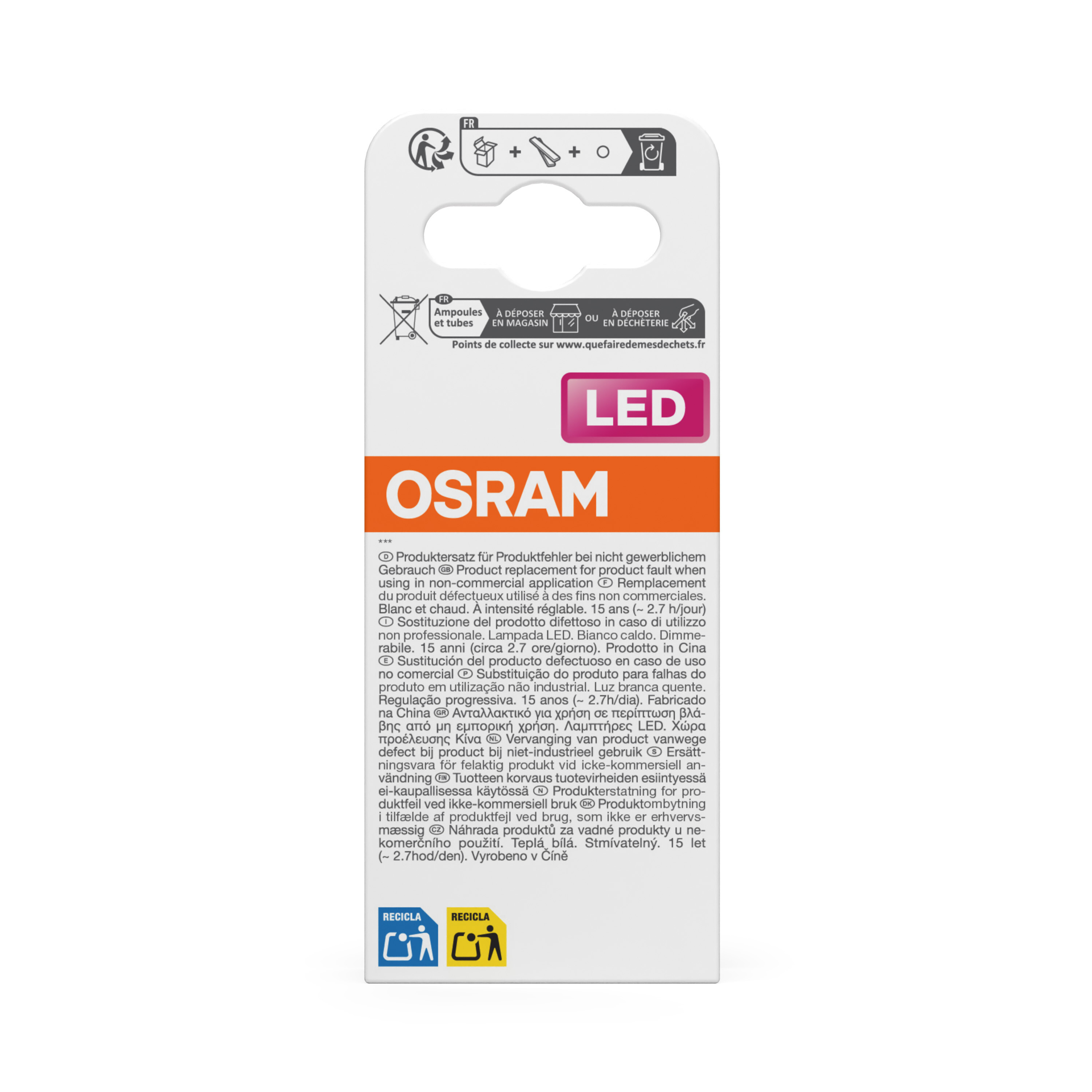 Weiße Verpackung mit OSRAM, LED und Recyclingsymbolen. Text in mehreren Sprachen.