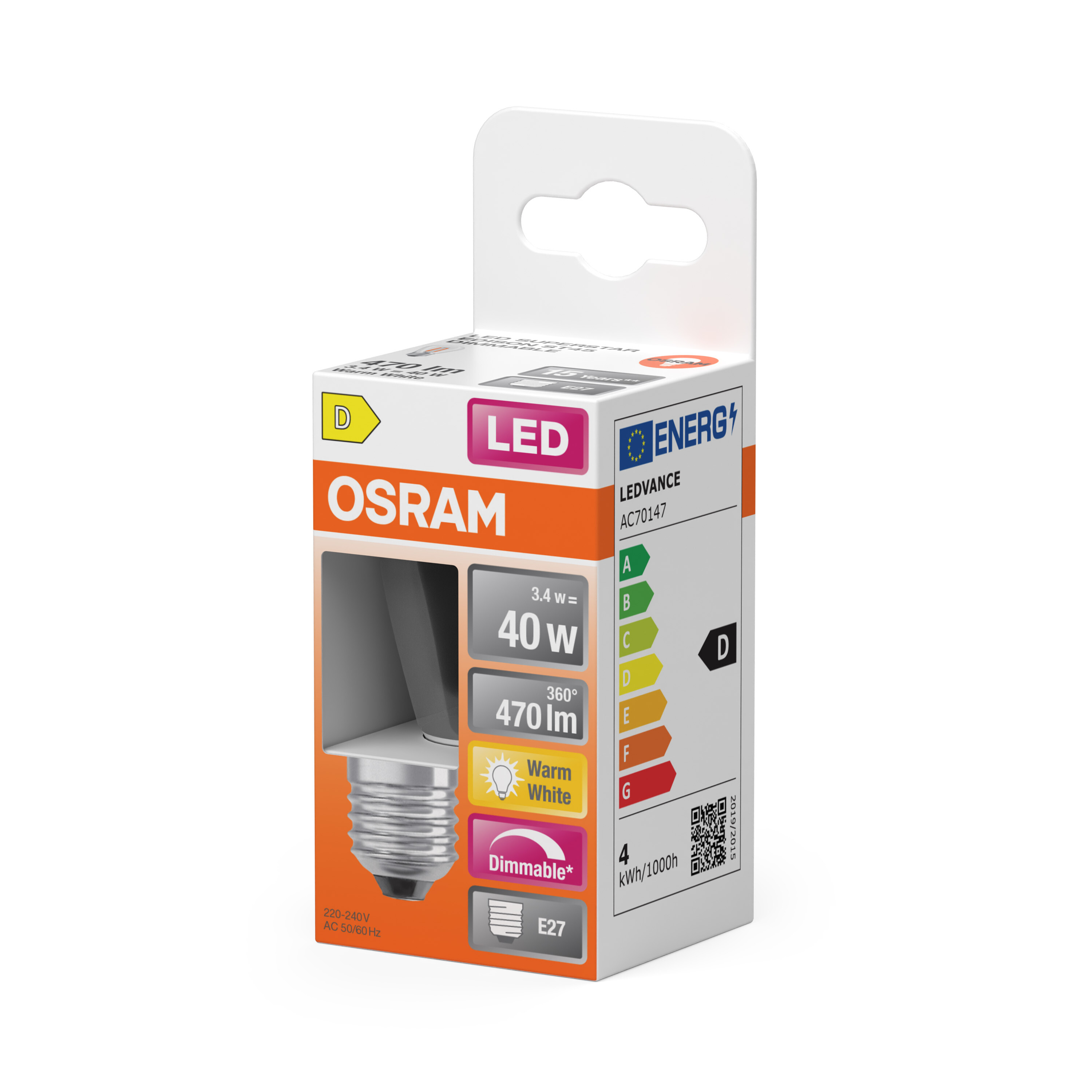 Schachtel einer LED-Glühbirne der Marke OSRAM, mit Angaben zur Energieeffizienz und Spezifikationen.