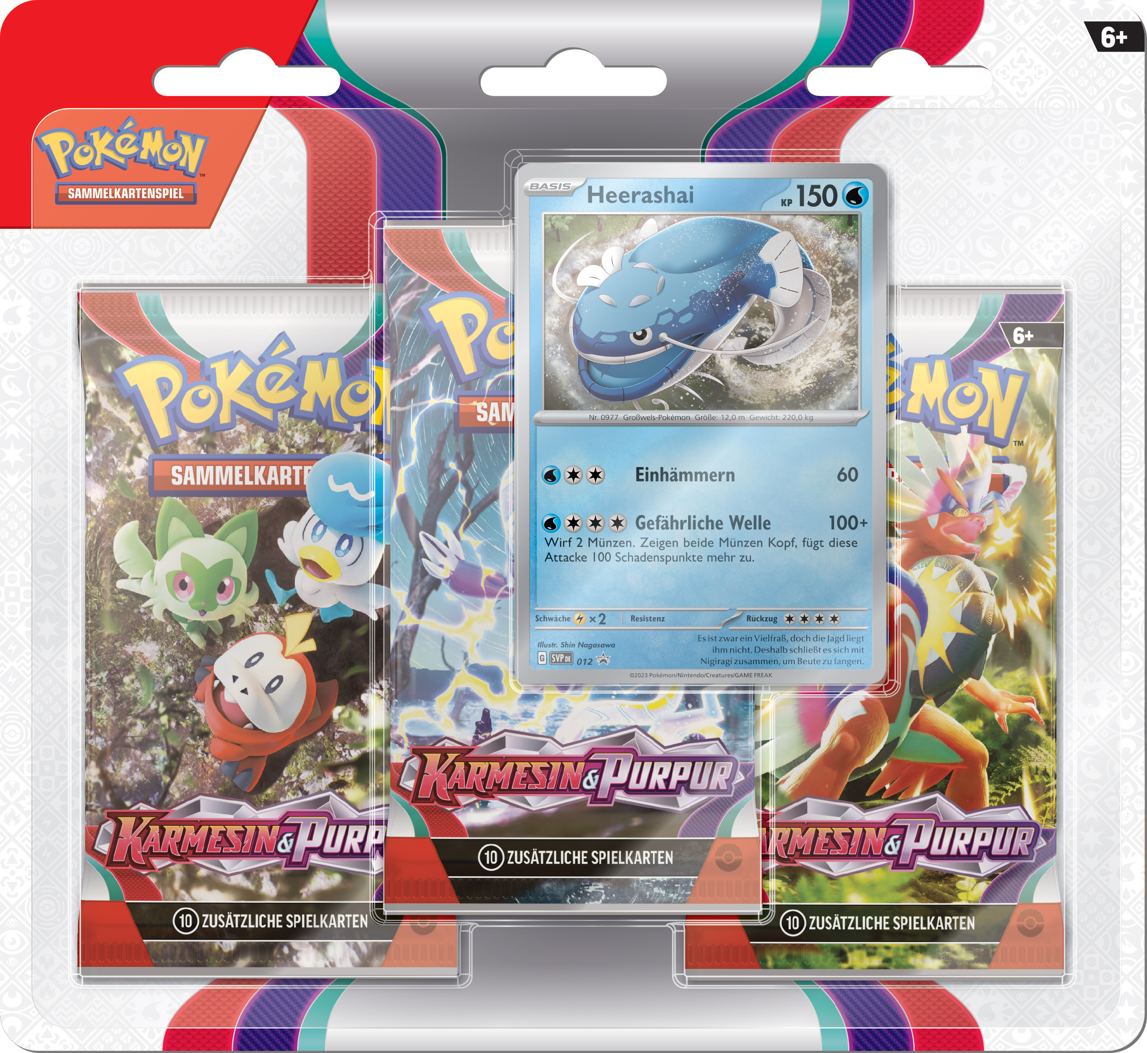 Eine Pokémon-Kartenspielpackung mit drei Booster-Packs und einer Karte mit einem blau fischartigen Wesen.