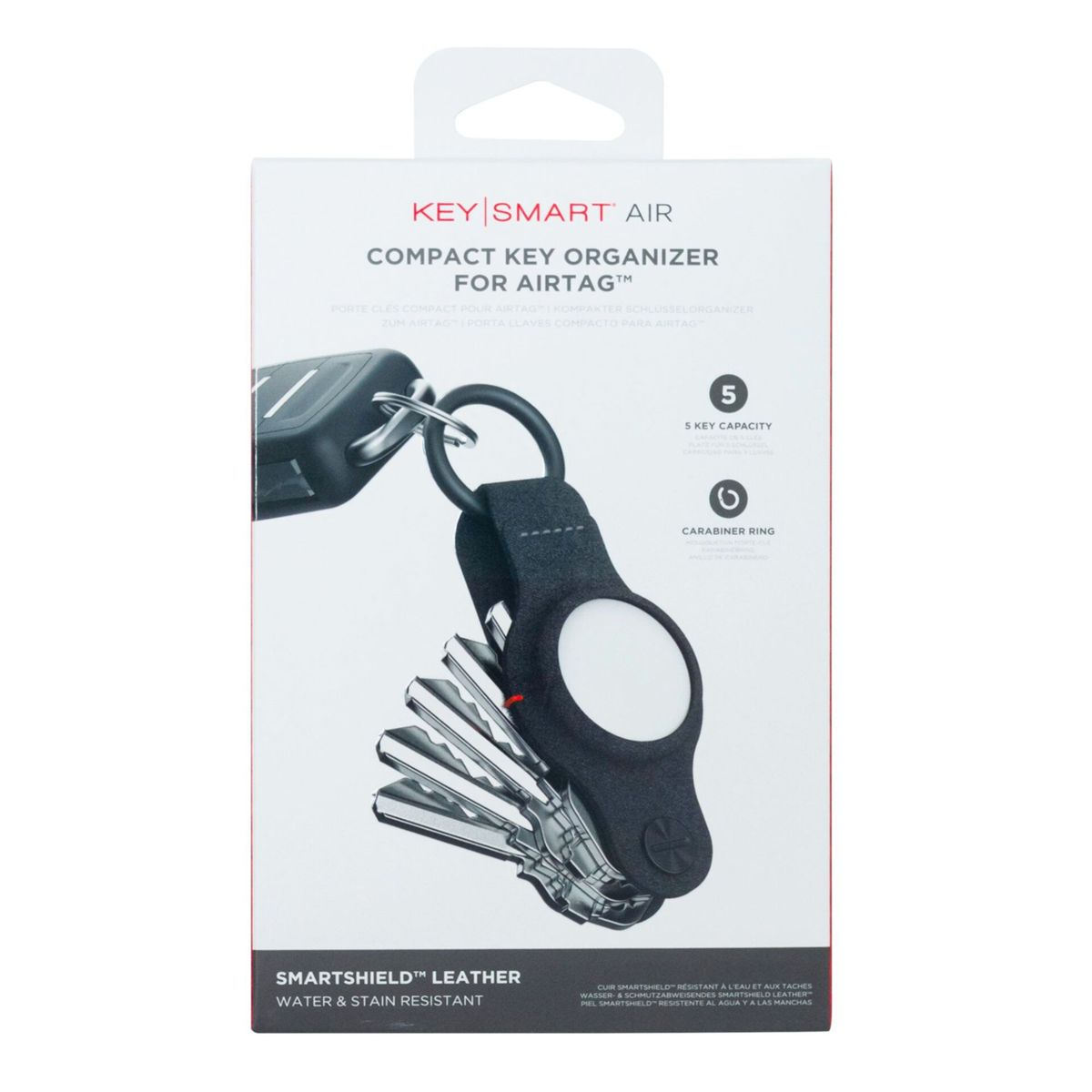 Wyświetlany jest organizer na klucze KeySmart AirTag, trzymający klucze. Opakowanie podkreśla cechy takie jak wodoodporność i karabińczyk.