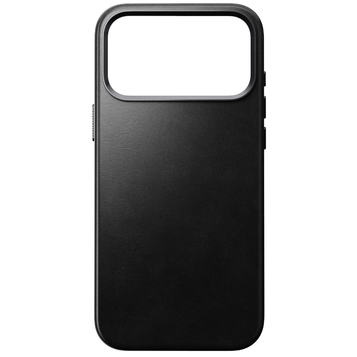 Una custodia nera per telefono con ritaglio per fotocamera, superficie strutturata e pulsanti laterali. Lo sfondo è bianco.