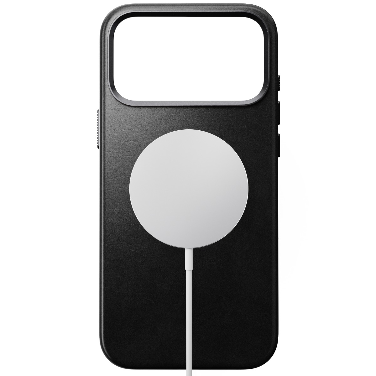 Una custodia nera per telefono con un caricatore circolare bianco collegato. La custodia ha un ritaglio per la fotocamera e pulsanti laterali.