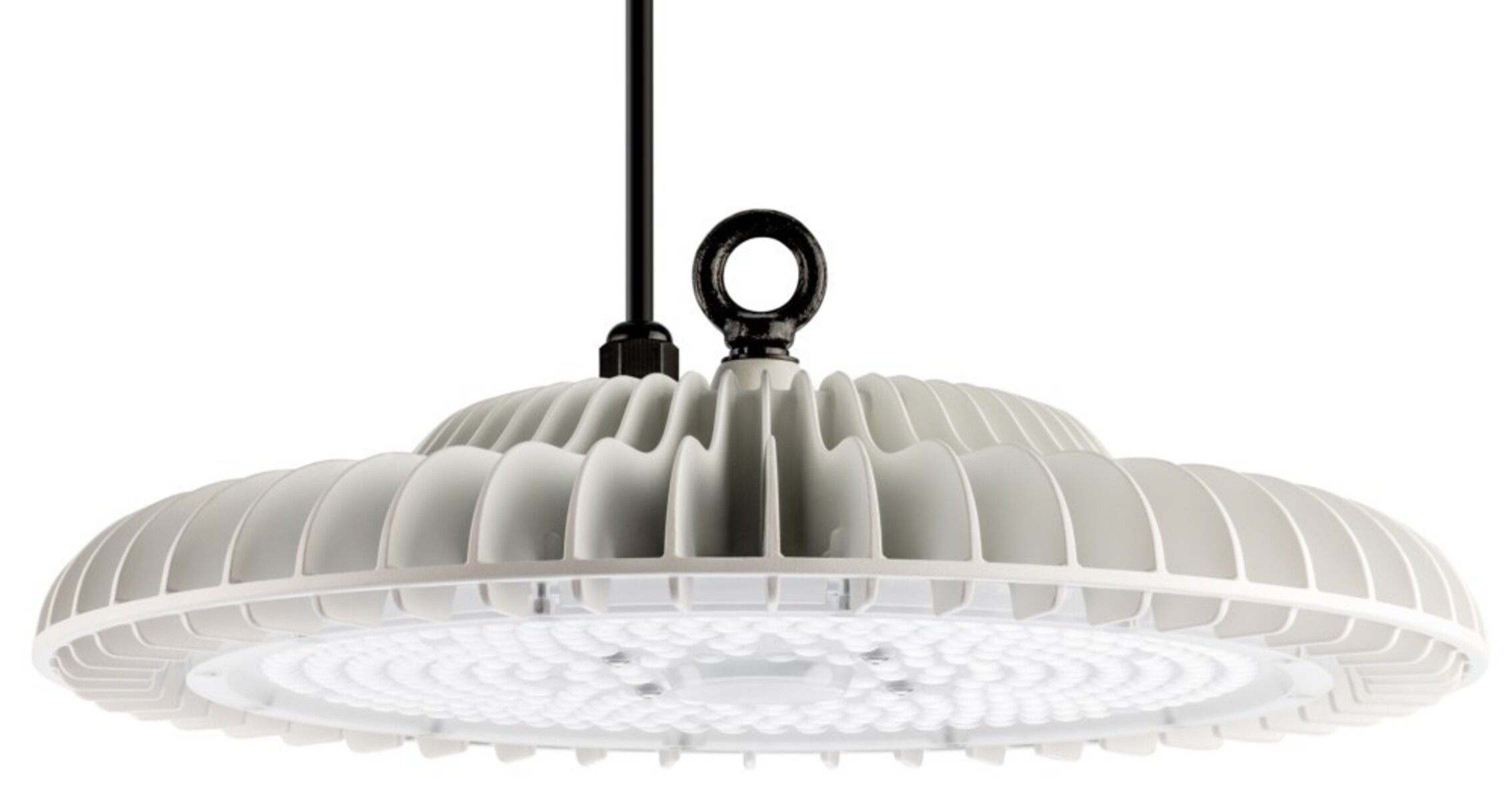 Eine weiße LED-Leuchte mit schwarzem Haken und Kabel, vor weißem Hintergrund abgehängt.