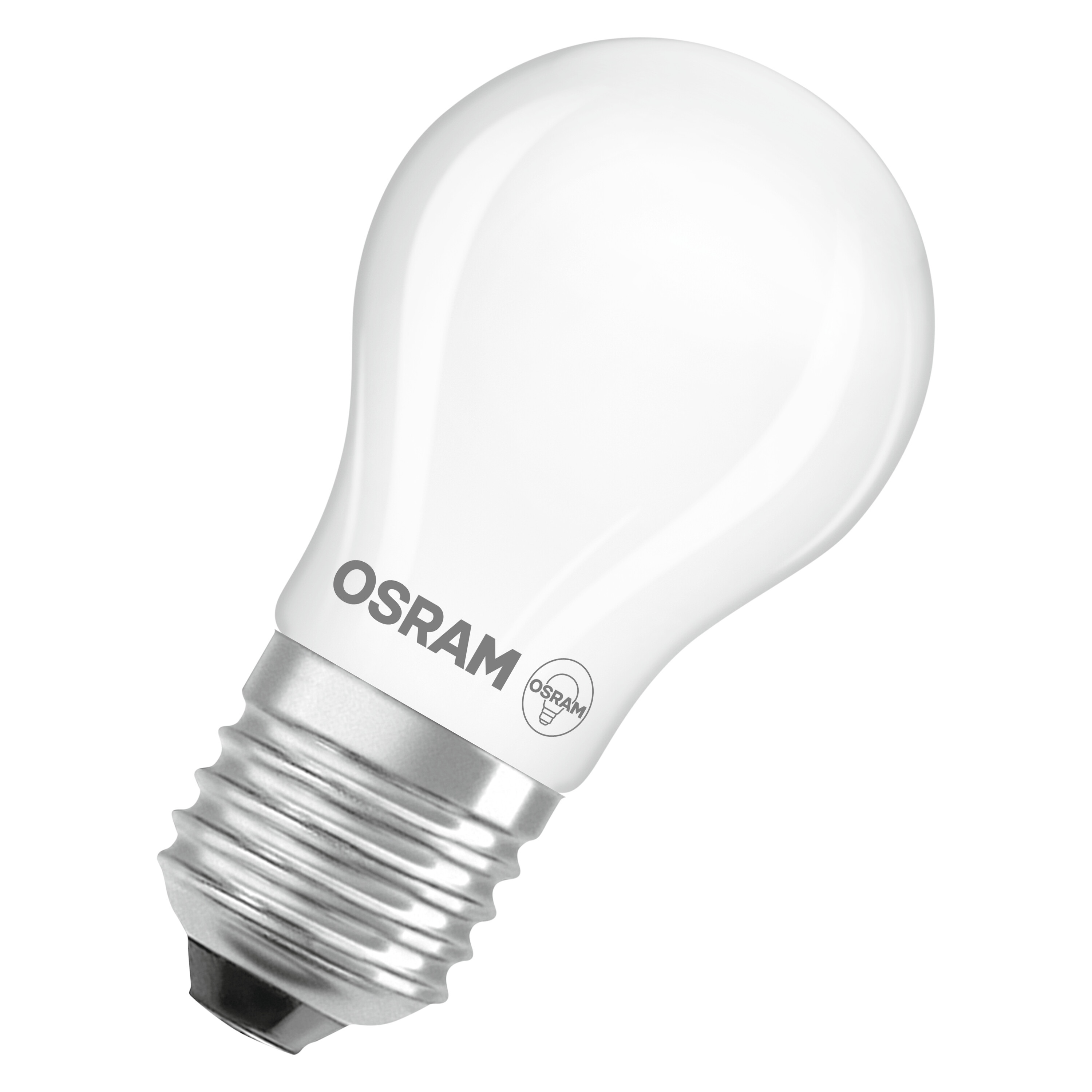 Eine weiße Osram-Glühbirne auf weißem Hintergrund. Die Glühbirne hat einen Schraubsockel, und das Osram-Logo ist sichtbar.