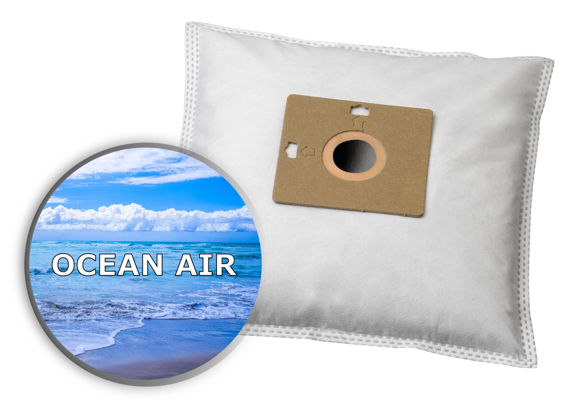 Das Bild zeigt eine Ozeanszene in einem Kreis mit dem Text "OCEAN AIR" und einen Staubsaugerbeutel mit einem Kartonfilter.