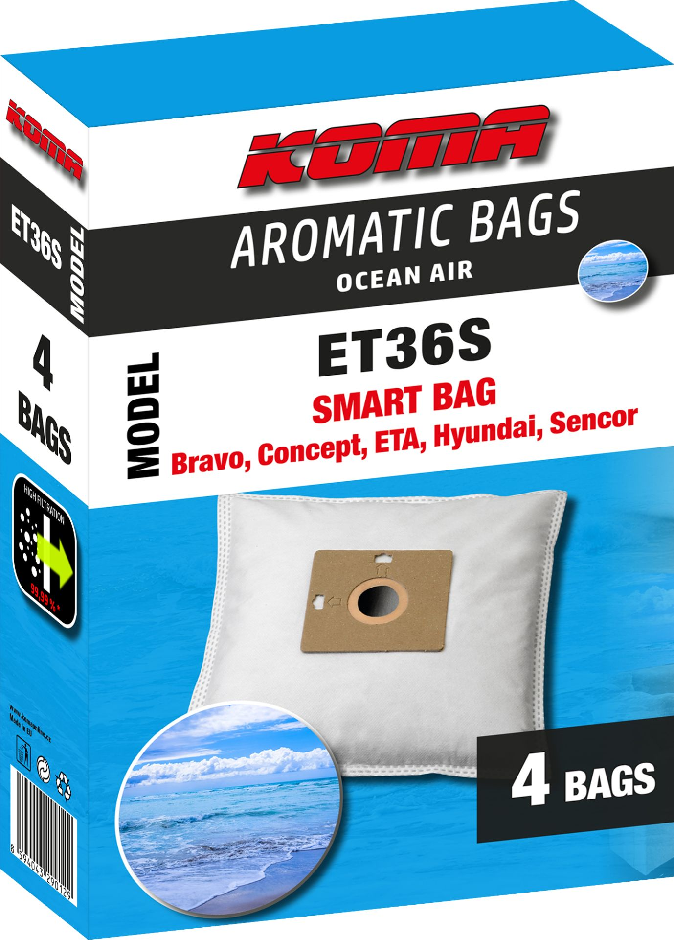 Eine Schachtel mit Staubsaugerbeuteln. Text lautet 'Aromatic Bags Ocean Air ET36S Smart Bag'. Enthält einen Beutel und ein Bild des Meeres.