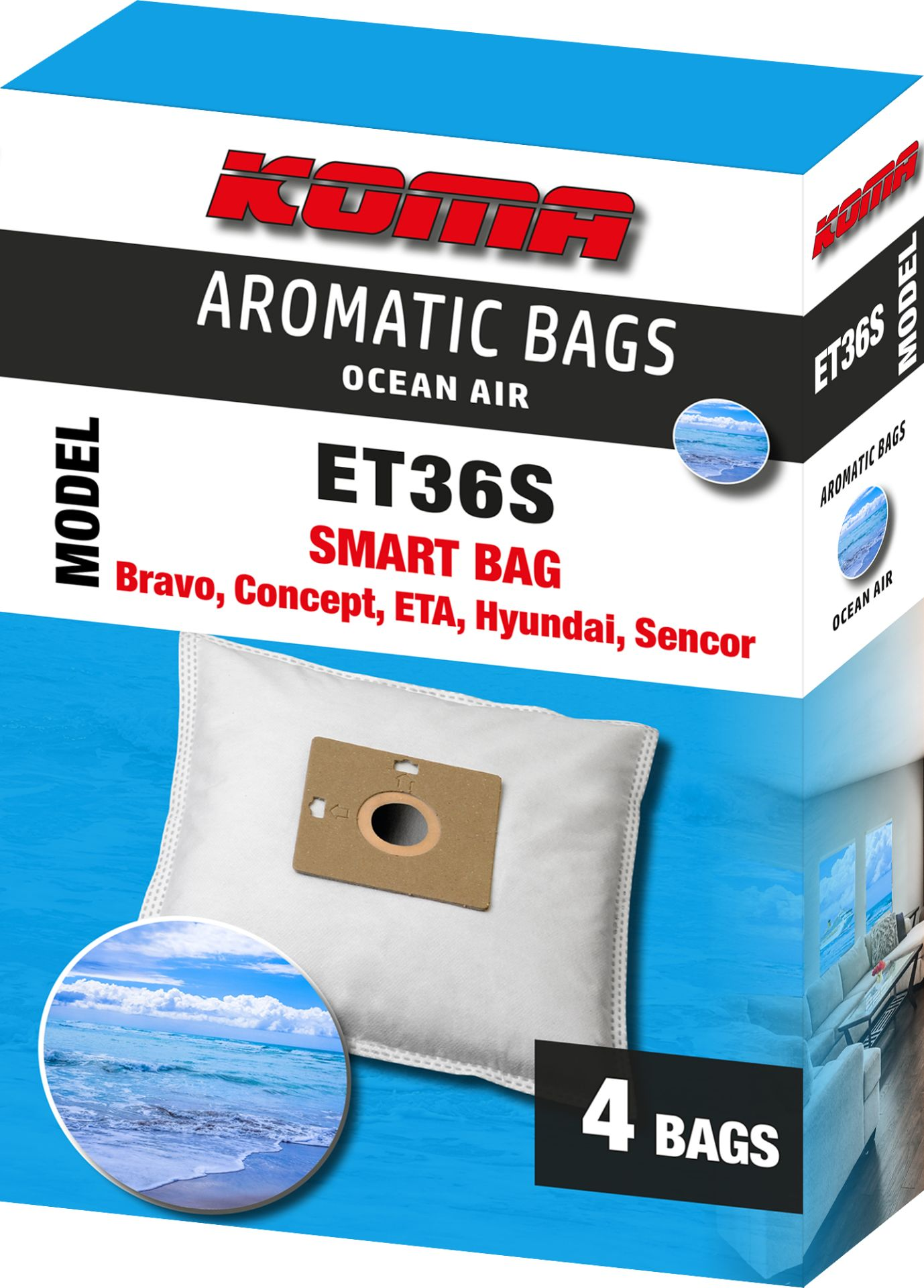 Eine Schachtel für Koma Aromatic Bags, Modell ET36S. Sie zeigt Ozeanluftbilder und ein Beutelbeispiel. Die Box ist weiß und blau.