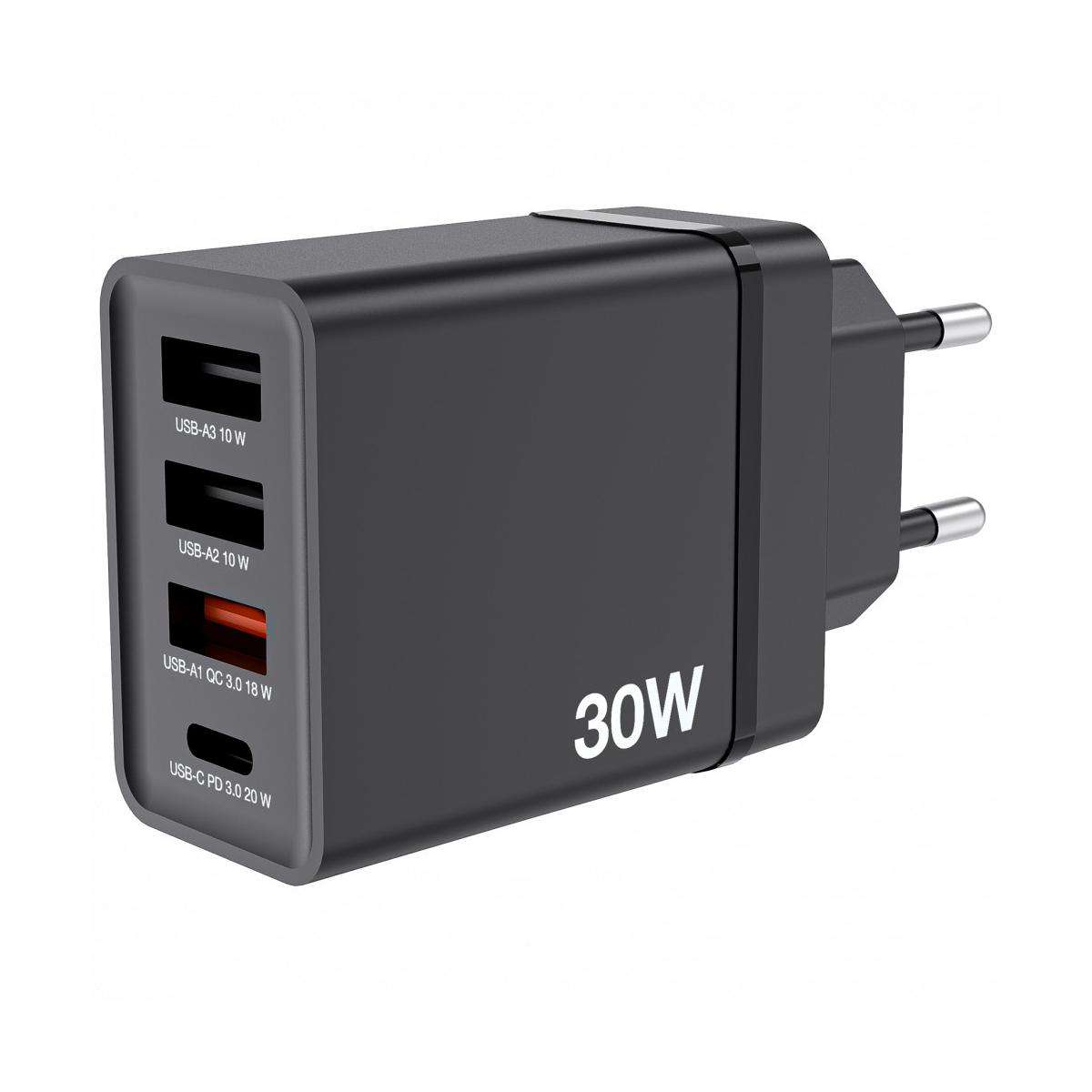 Un caricatore nero da 30W con più porte USB. Il testo indica l'uscita e i tipi di porte, USB-A e USB-C.