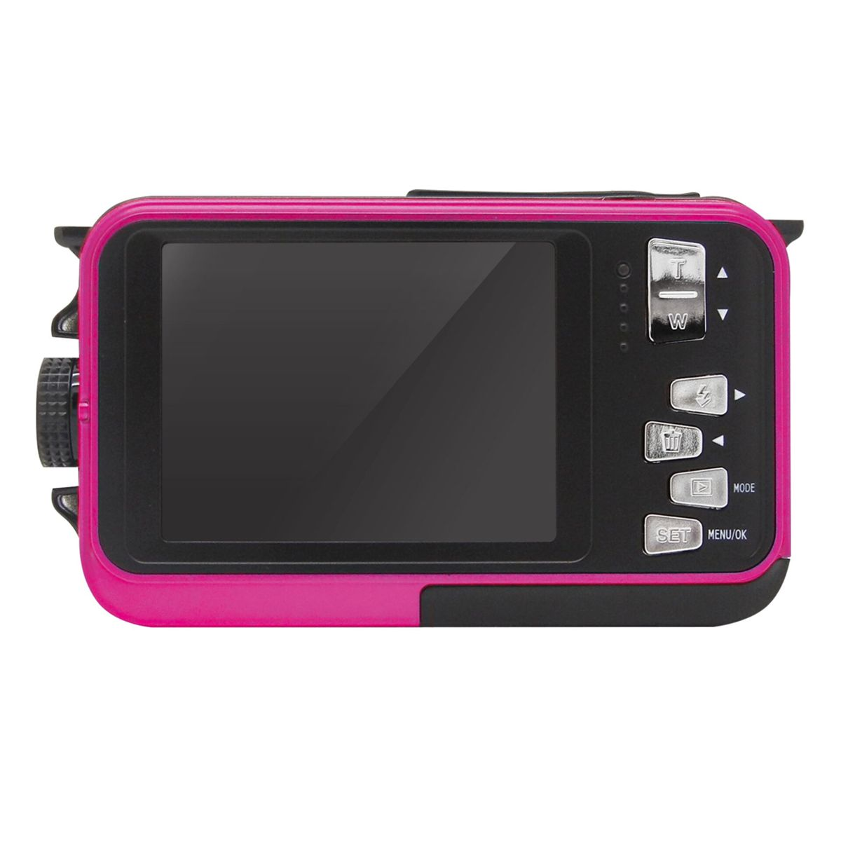 Eine pink-schwarze Digitalkamera. Sie hat einen großen schwarzen Bildschirm und mehrere Knöpfe auf der rechten Seite. Die Kamera ist wasserdicht.