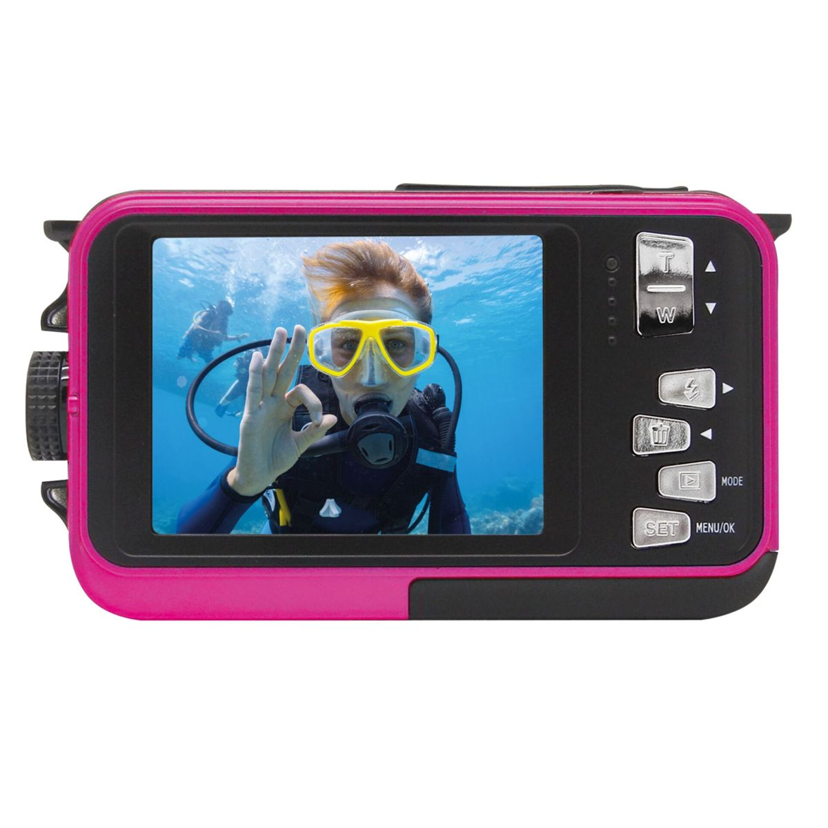 Eine pinkfarbene wasserdichte Kamera zeigt einen Taucher unter Wasser, der ein Okay-Zeichen macht. Ein anderer Taucher ist im Hintergrund. Kamera hat Knöpfe.