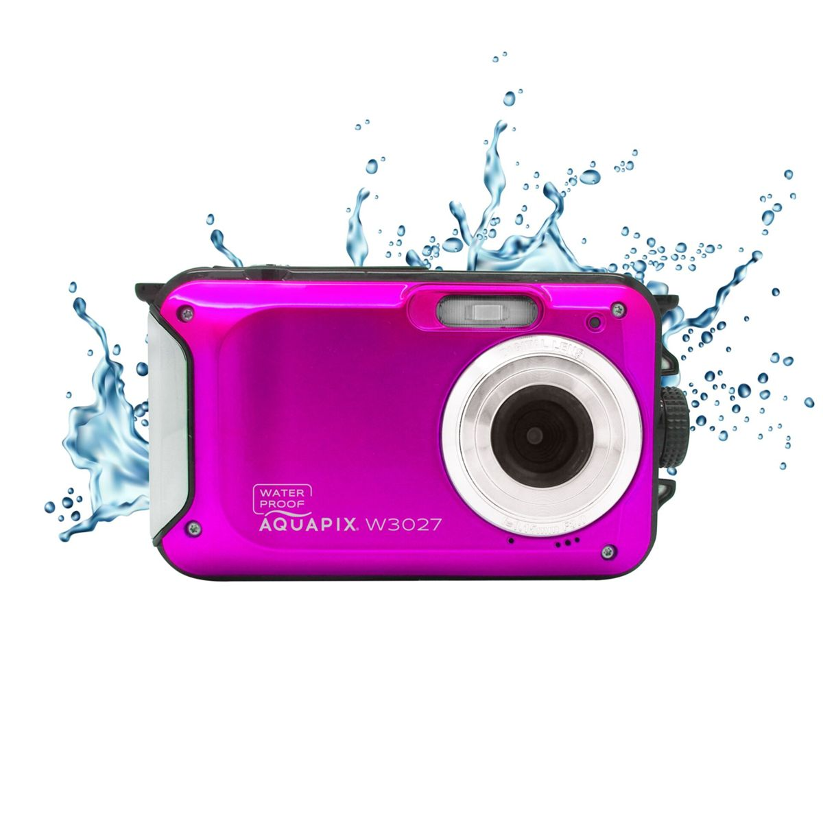 Eine pinkfarbene wasserdichte Kamera, umgeben von Wassertropfen. Sie hat ein Objektiv und Bedienelemente. Die Marke ist Aquapix W3027.