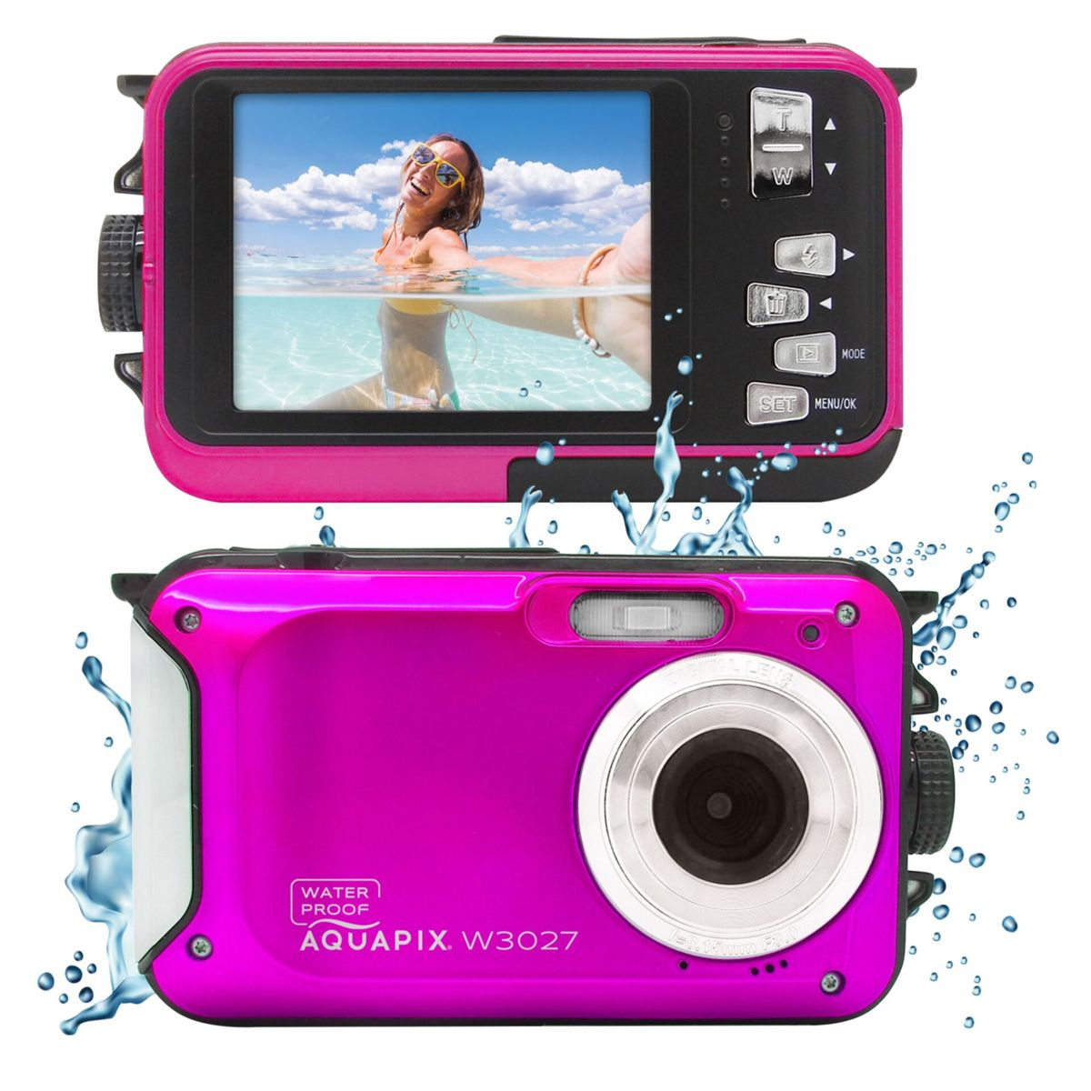 Pinke wasserdichte Kamera mit Foto einer Frau im Meer. Kamera hat Objektiv, Knöpfe und einen Bildschirm. Wassertropfen umgeben sie.