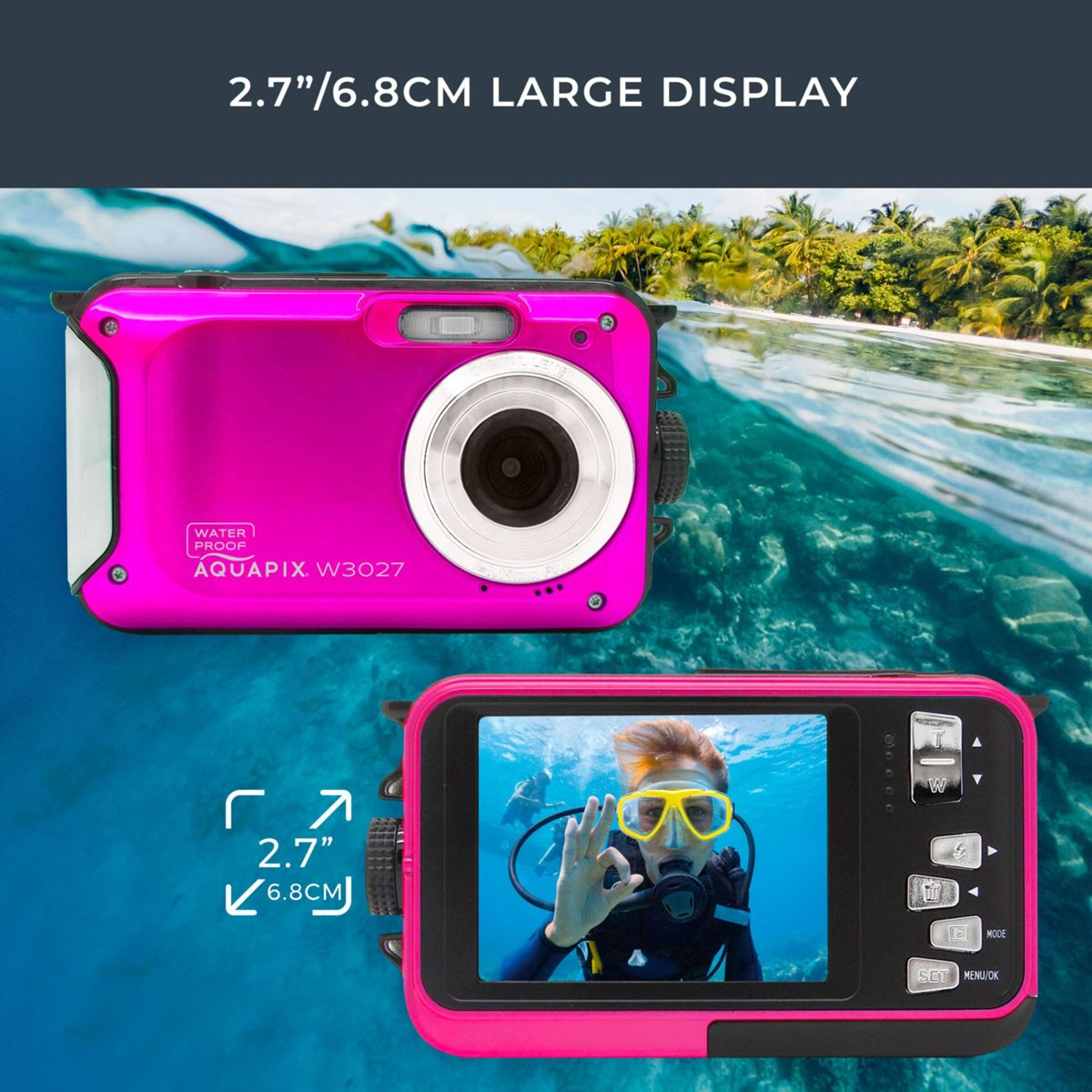 Eine pinke wasserdichte Kamera mit einem Bildschirm, der einen Taucher unter Wasser zeigt. Der Hintergrund zeigt Ozean und tropische Bäume.