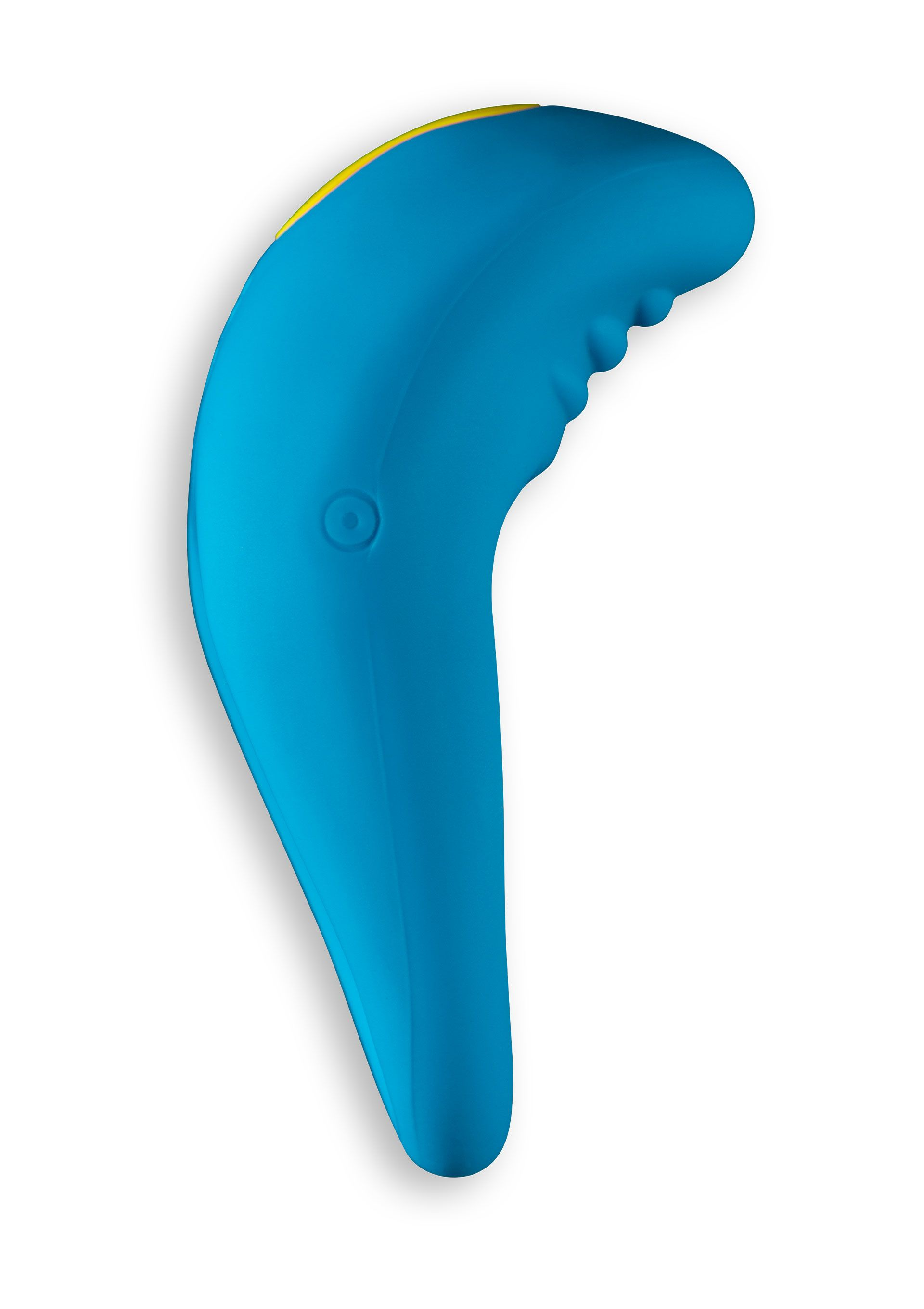 Un masajeador ergonómico azul con punta amarilla, sobre fondo blanco. Tiene forma redondeada, con un botón.