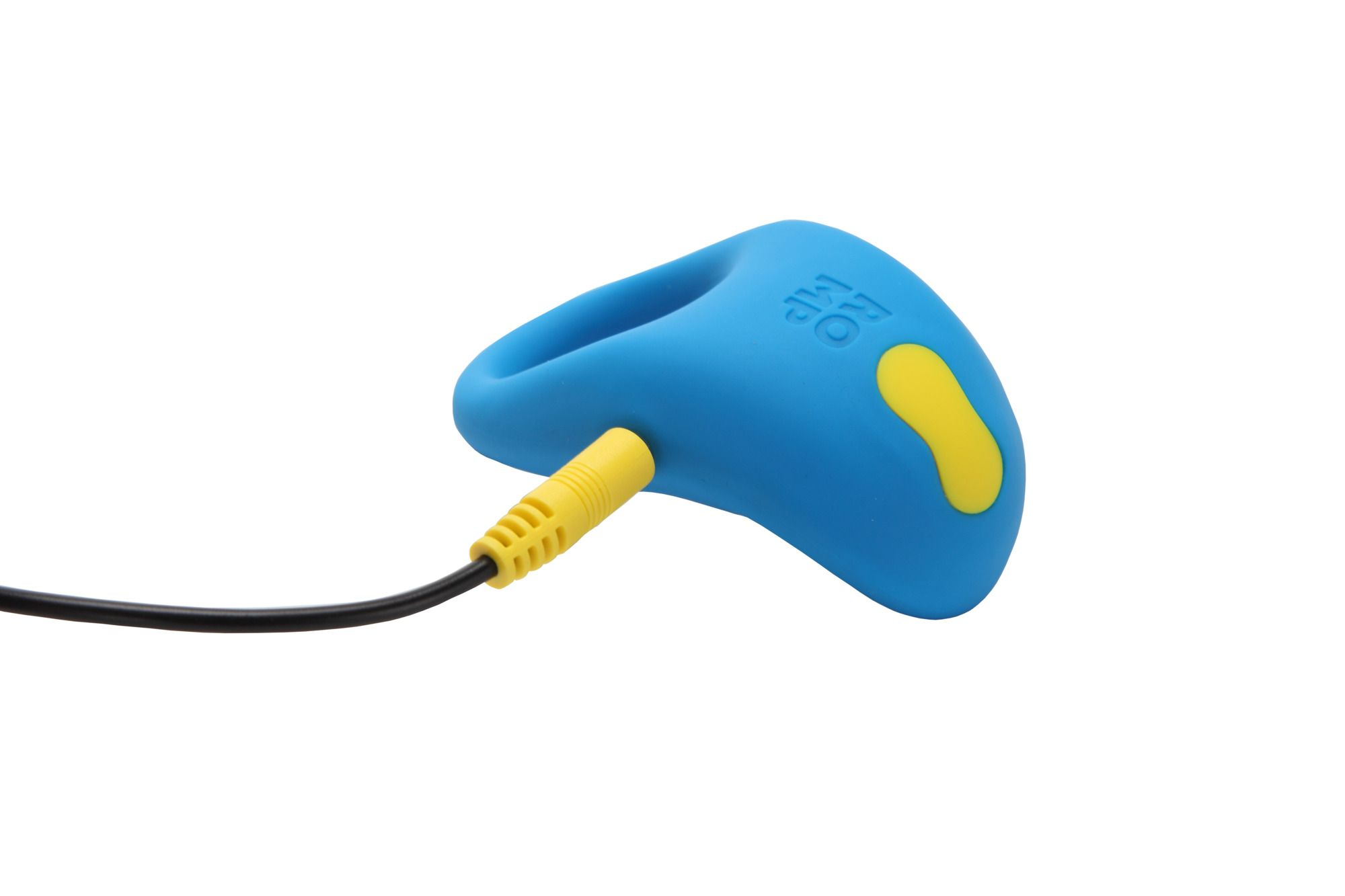 Un dispositivo azul con un botón y conector amarillos. Un cable negro está conectado.