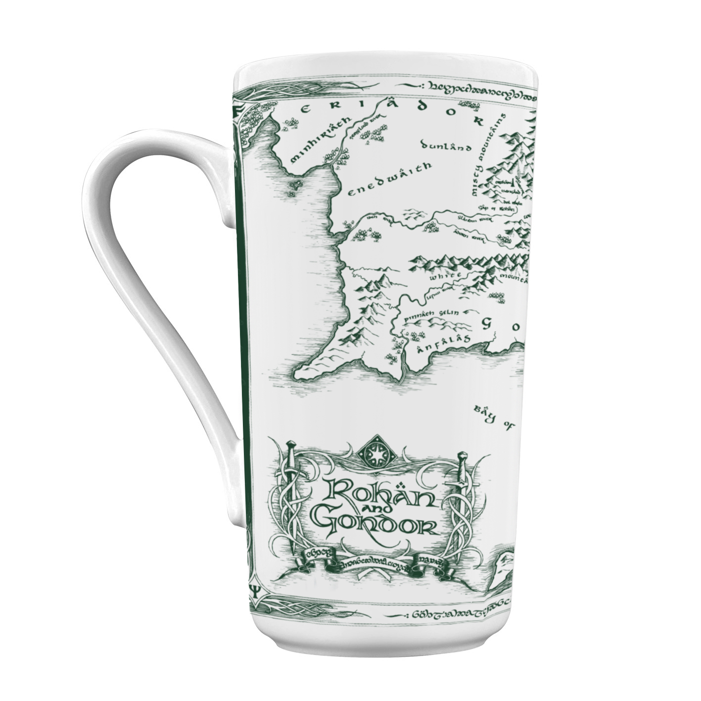 Eine weiße Tasse mit grünem Kartendesign. Die Karte hat Text und Zeichnungen von Bergen und Land. Die Tasse hat einen großen Griff.