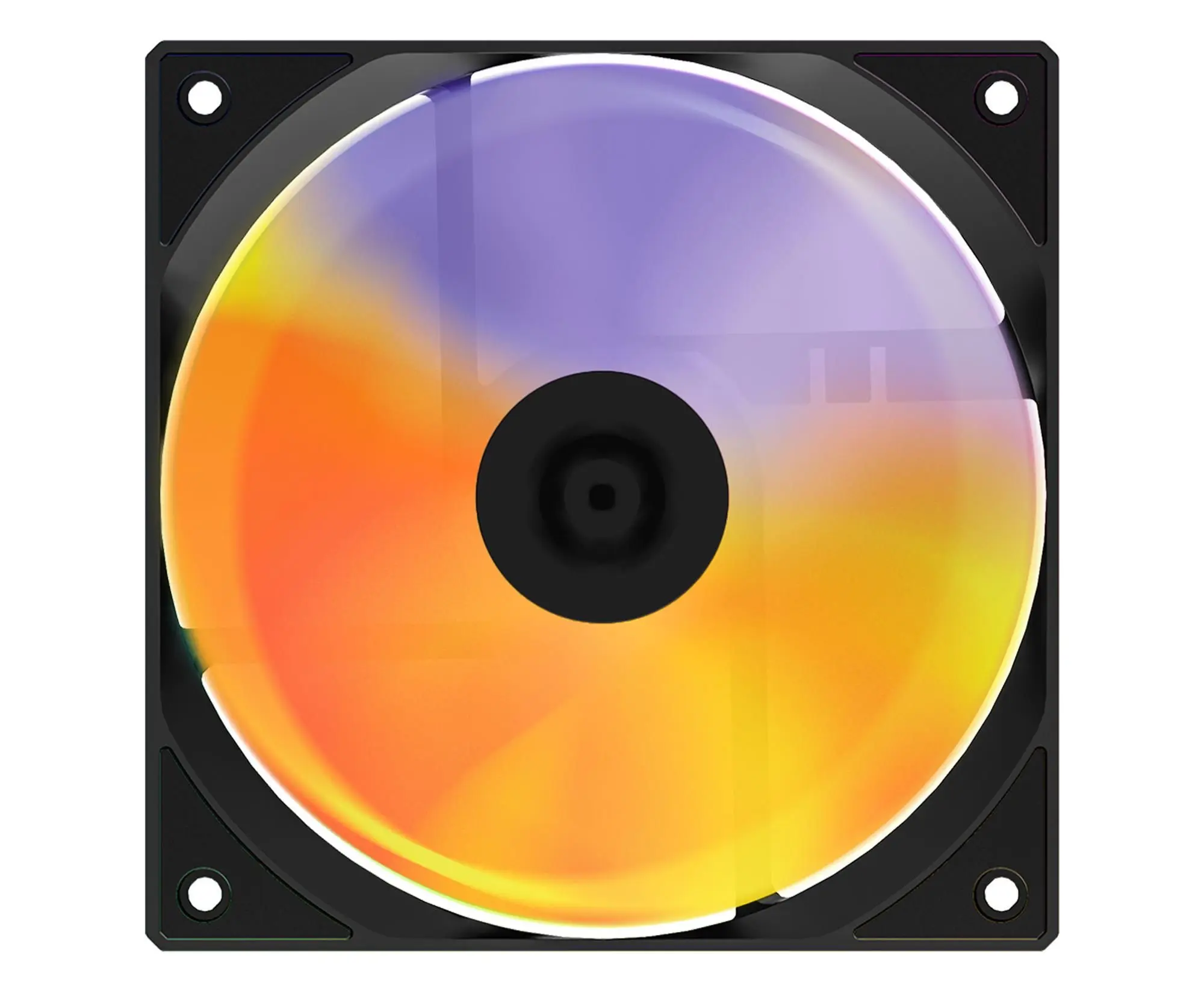 Ein Computerlüfter mit schwarzem Rahmen und einer Lüfterblatt, das orange, gelbe und lila Farben hat.