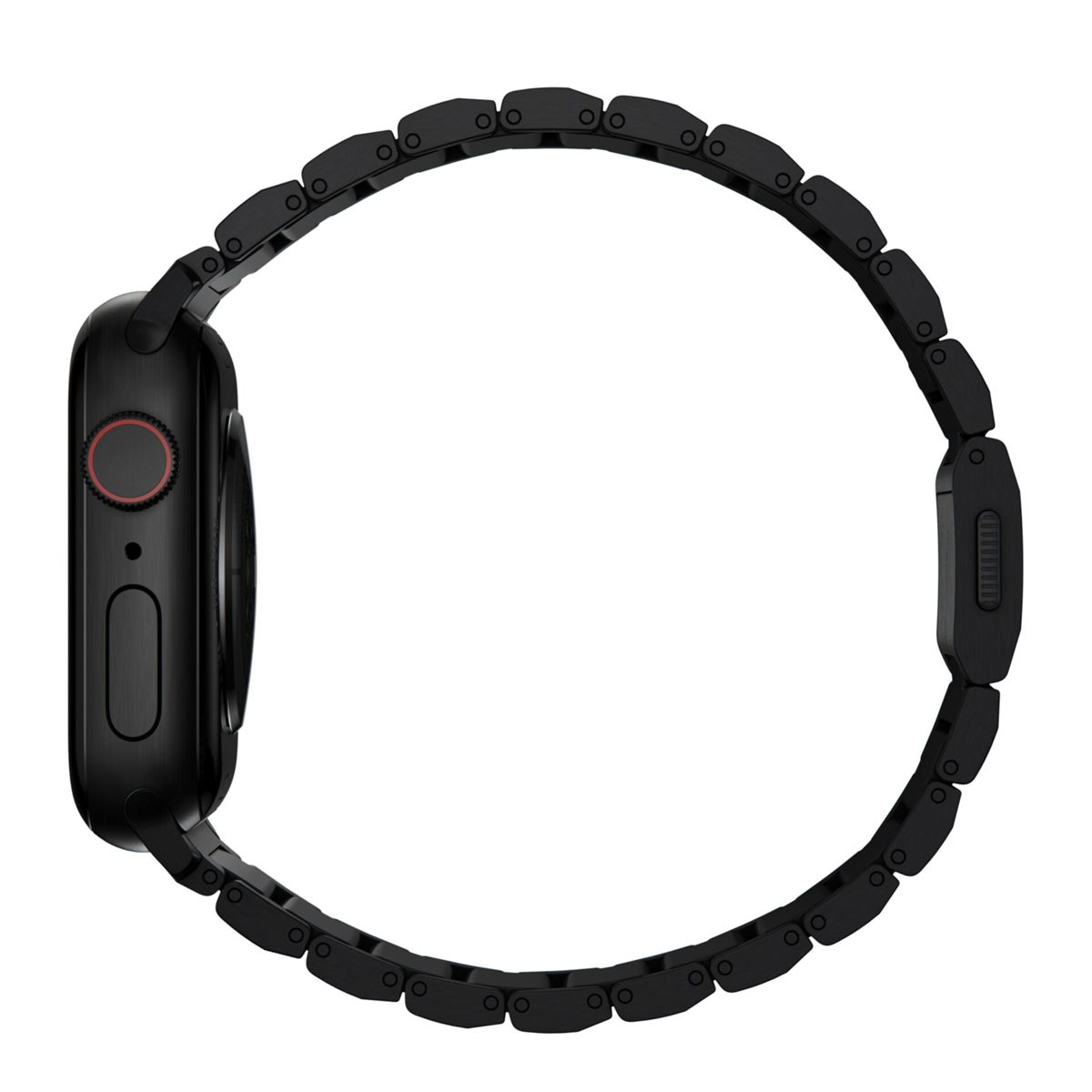 Uno smartwatch nero con cinturino in metallo nero è mostrato di lato su sfondo bianco.